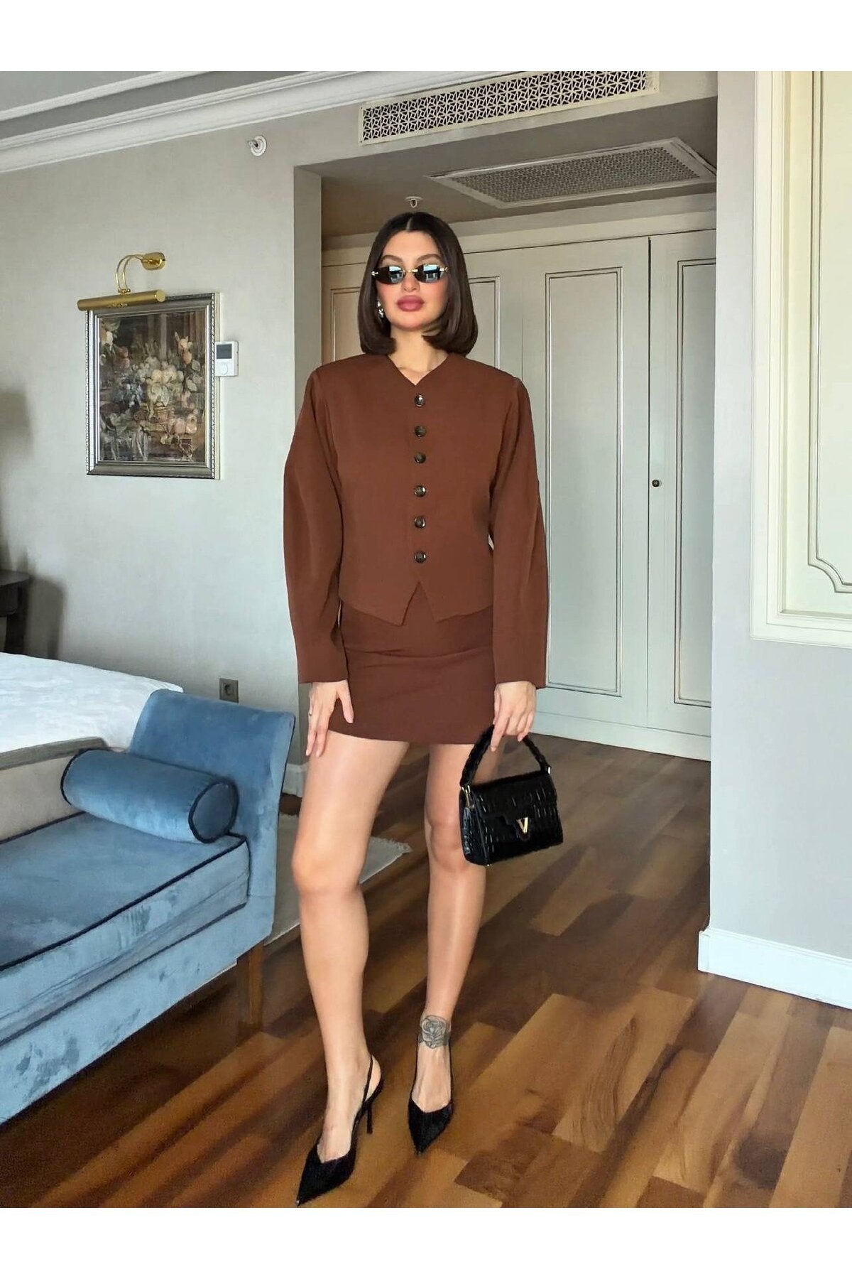 Çikolata Kahve Düğmeli Ceket Mini Etek Kadın Takım