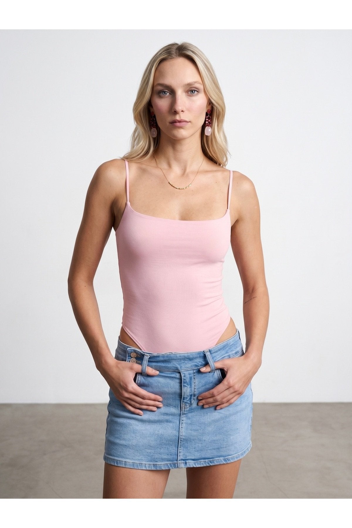 21216 Askılı Bodysuit-Toz Pembe