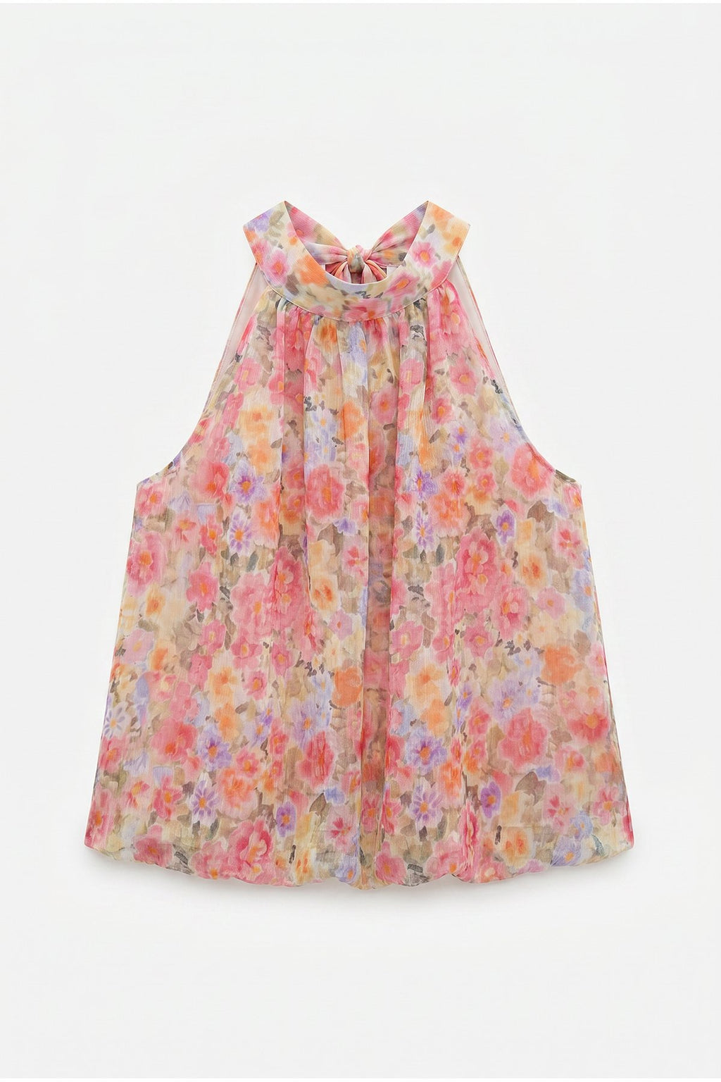 Çiçek Desenli Halter Yaka Crop Bluz Pembe