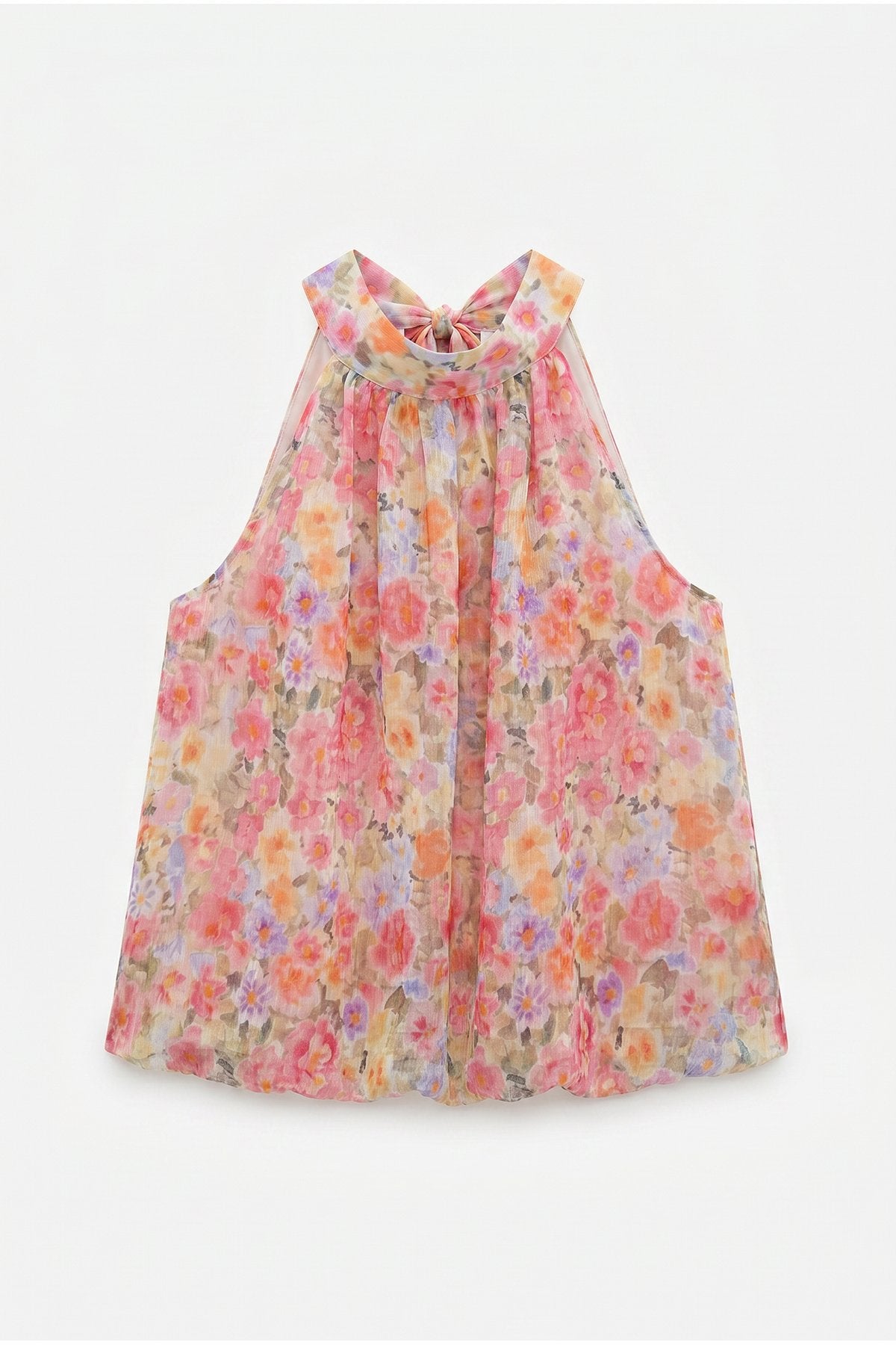 Çiçek Desenli Halter Yaka Crop Bluz Pembe