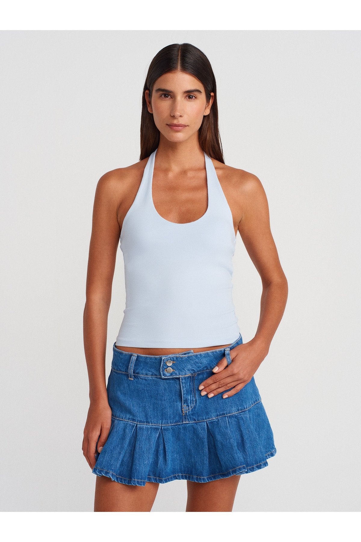 71979 %100 Pamuk Pileli Denim Şort Etek-Mavi