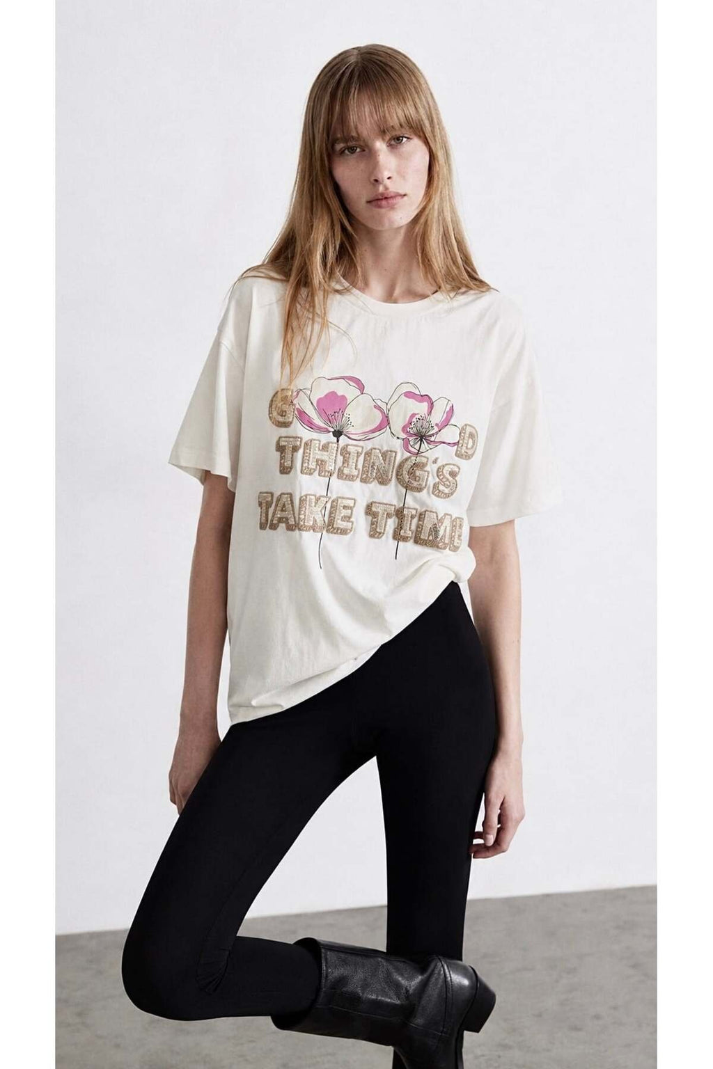 Baskı Nakış Detaylı T-shirt Ekru