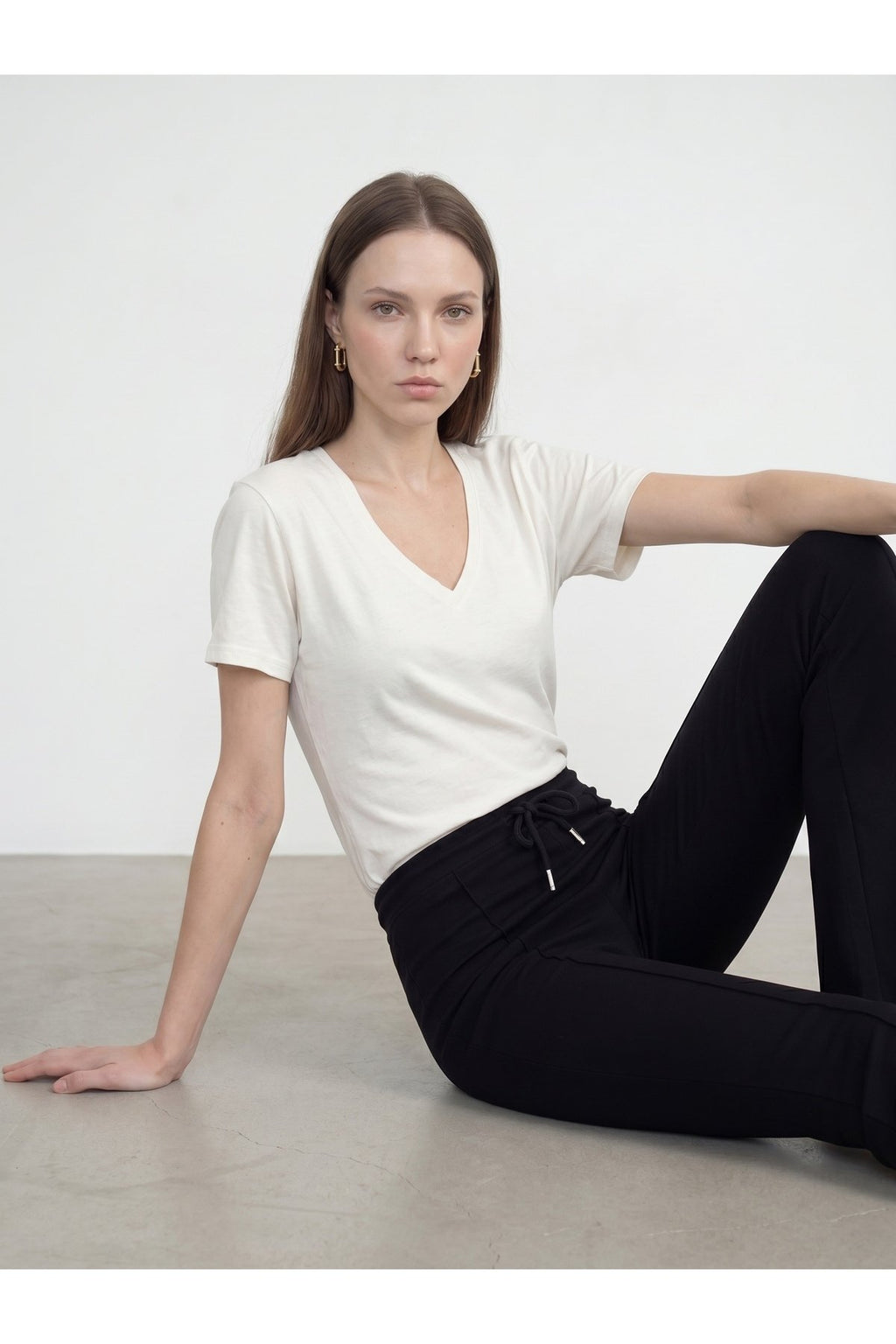 32847 Lyocell Karışımlı V Yaka T-shirt-Ekru