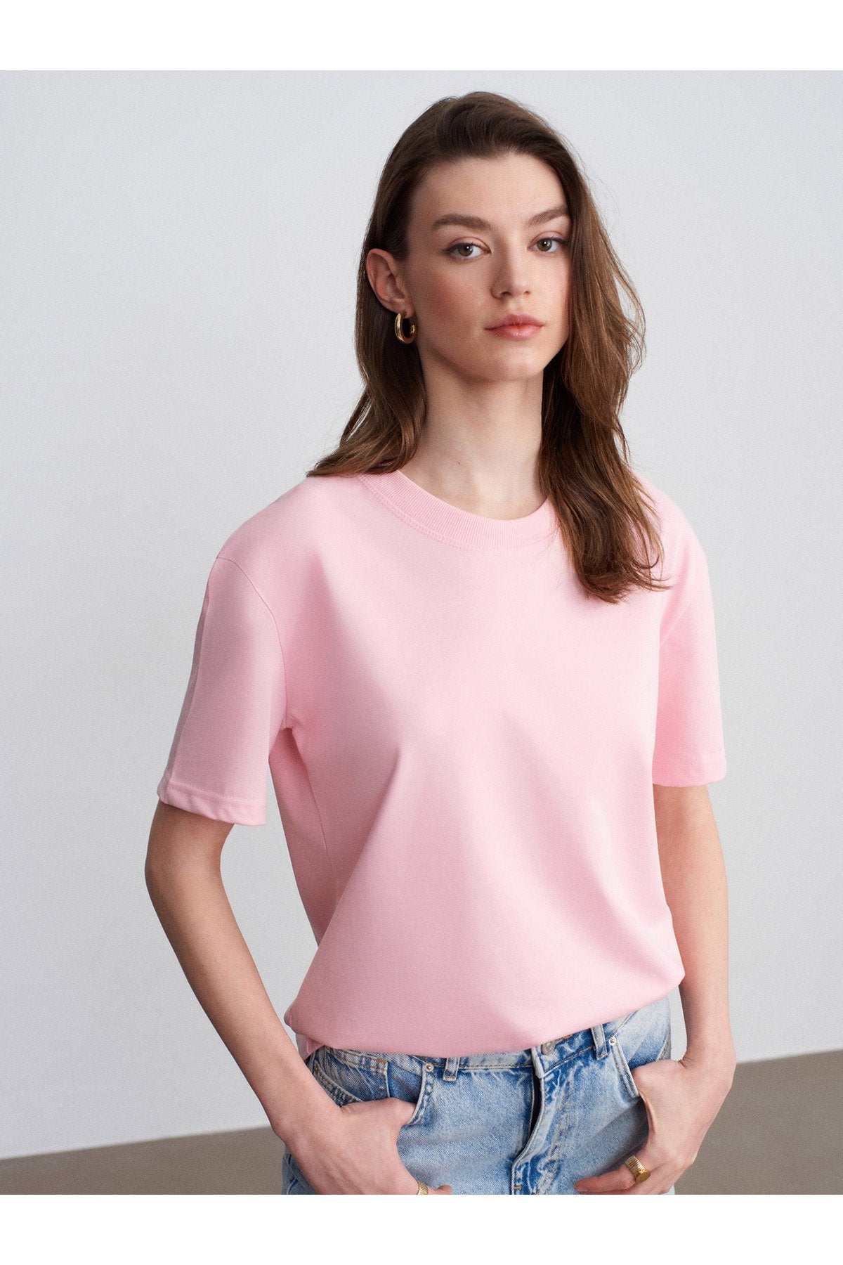 30312 %100 Pamuk Bisiklet Yaka T-Shirt-Toz Pembe