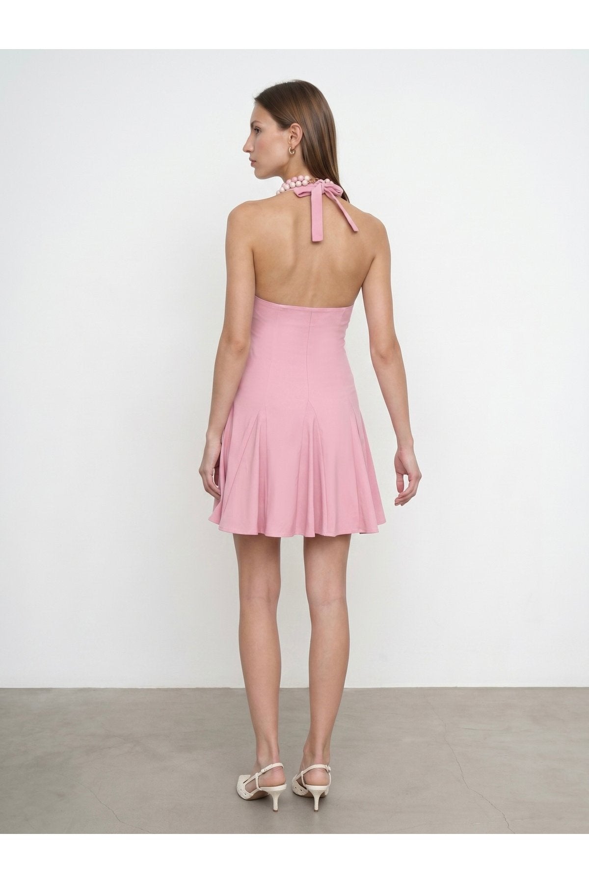 91633 Halter Yaka Mini Elbise-Toz Pembe