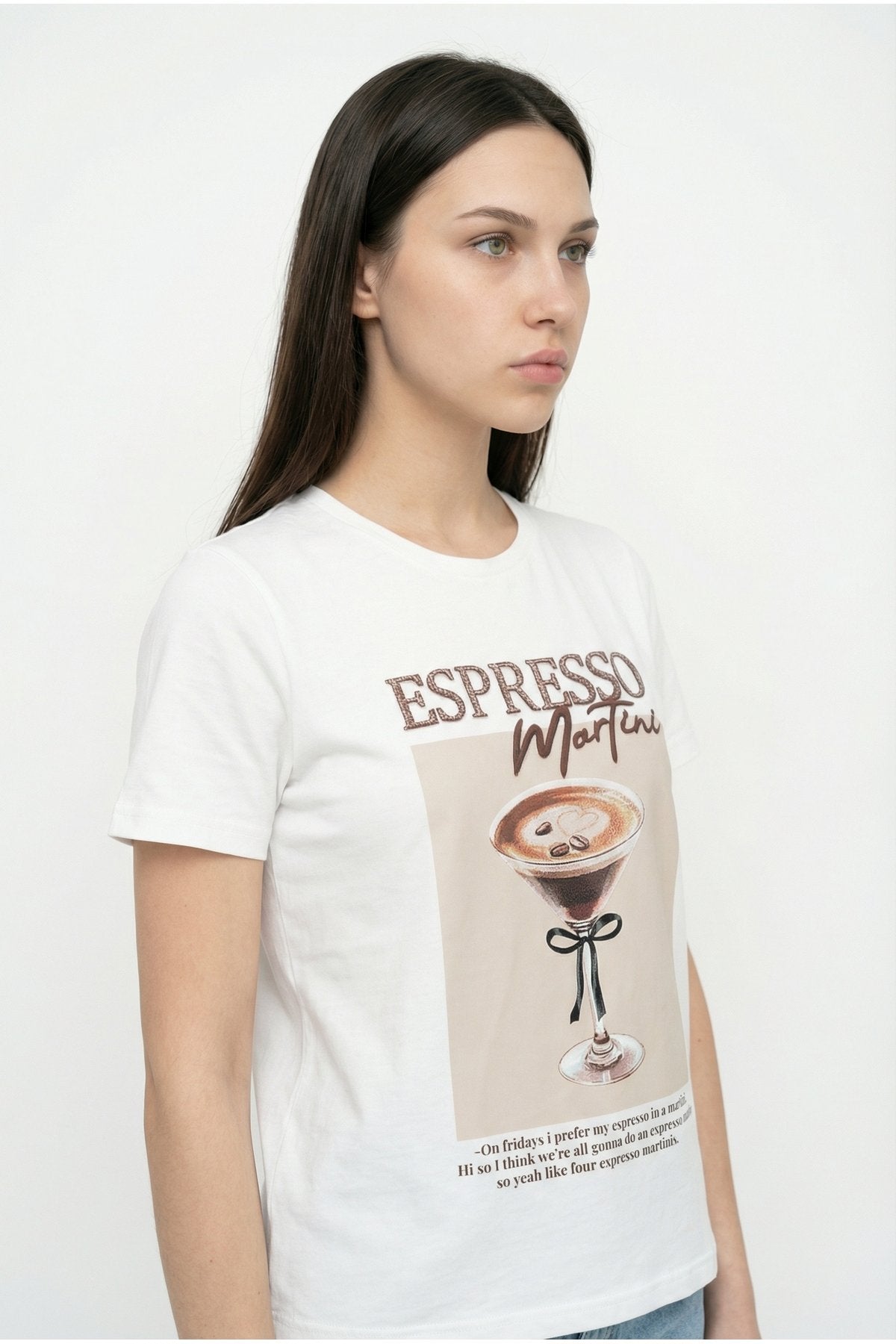 Espresso Nakışlı Baskılı Oversize Tişört Ekru