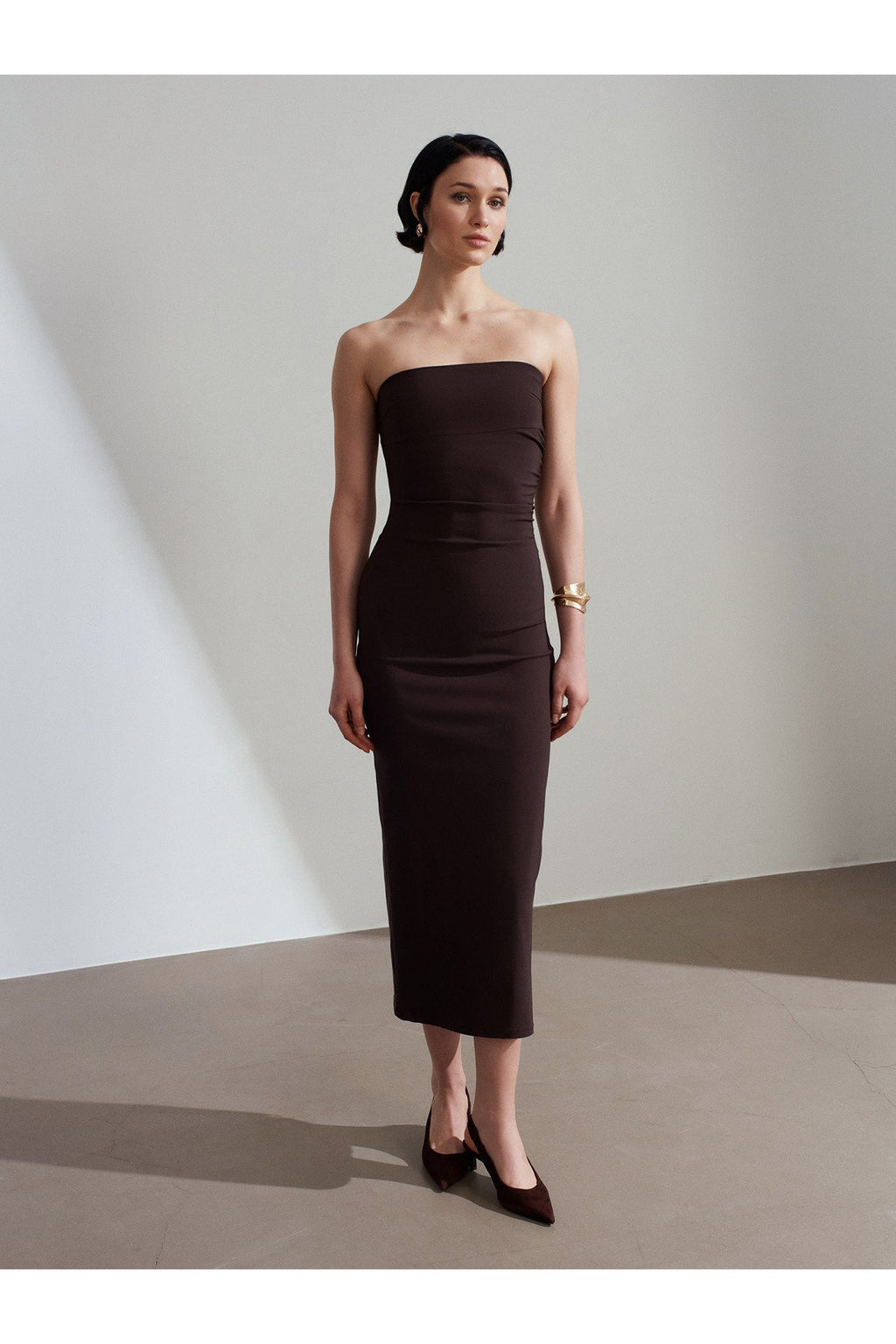 91368 Straplez Midi Elbise-Koyu Kahve