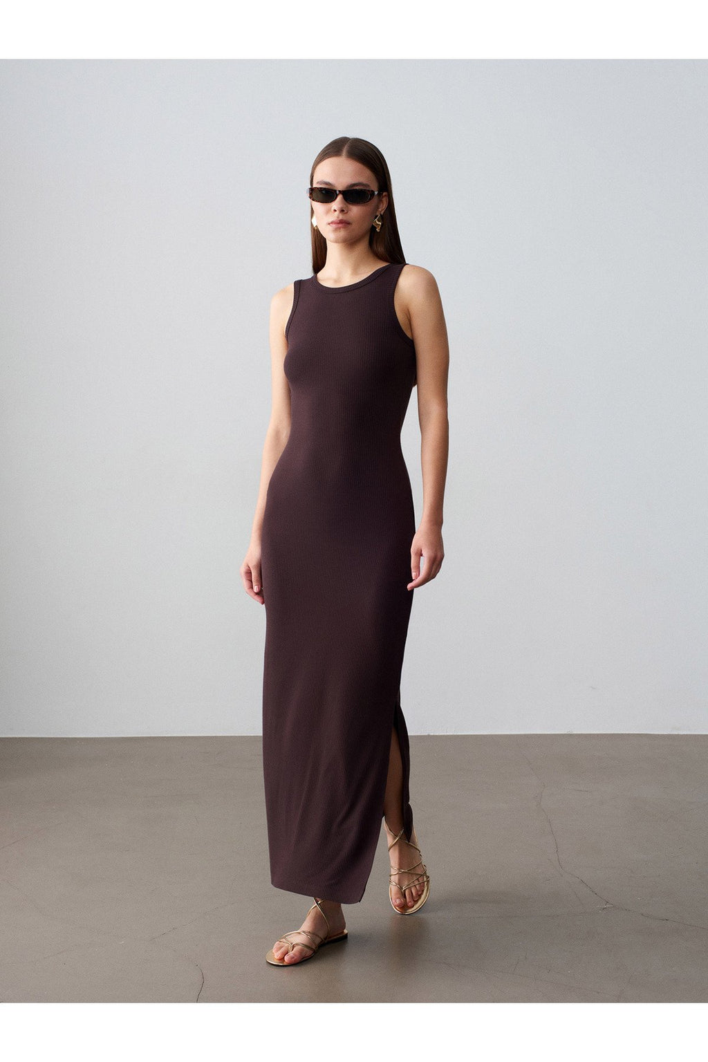 91652 Fitilli Midi Elbise-Koyu Kahve