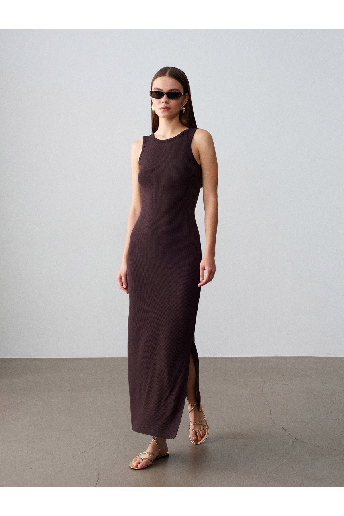 91652 Fitilli Midi Elbise-Koyu Kahve