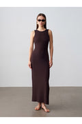 91652 Fitilli Midi Elbise-Koyu Kahve