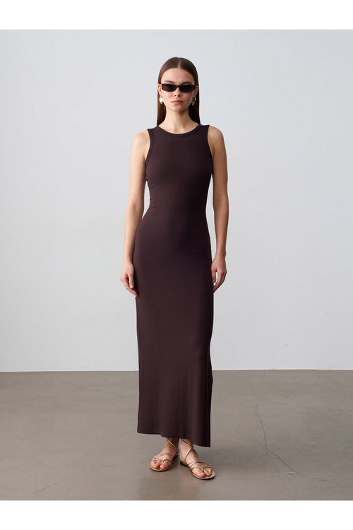 91652 Fitilli Midi Elbise-Koyu Kahve