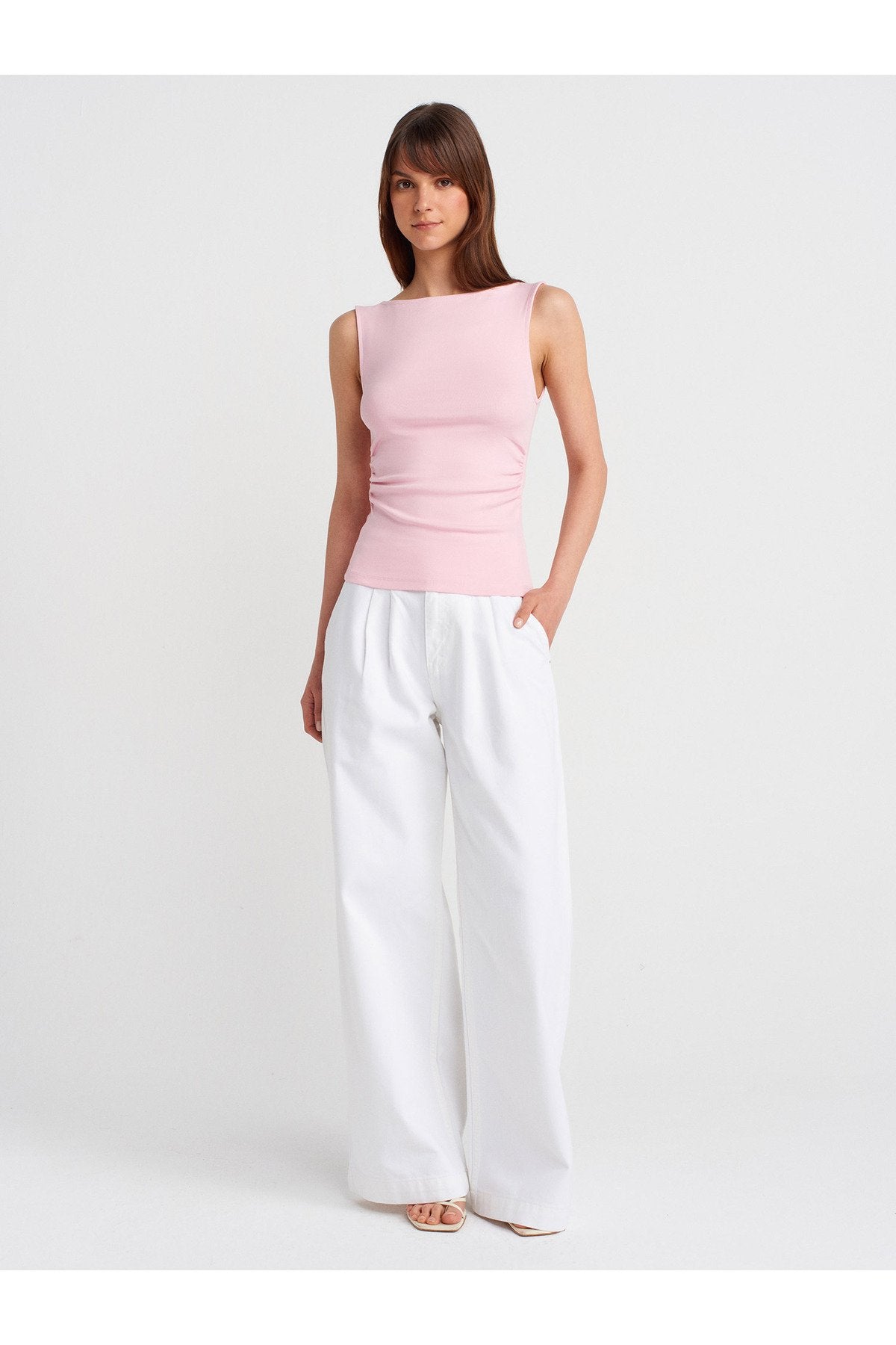 31589 Büzgülü Kayık Yaka Top-Toz Pembe