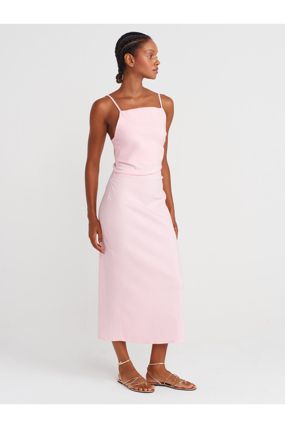 91479 Büzgülü Midi Elbise-Toz Pembe