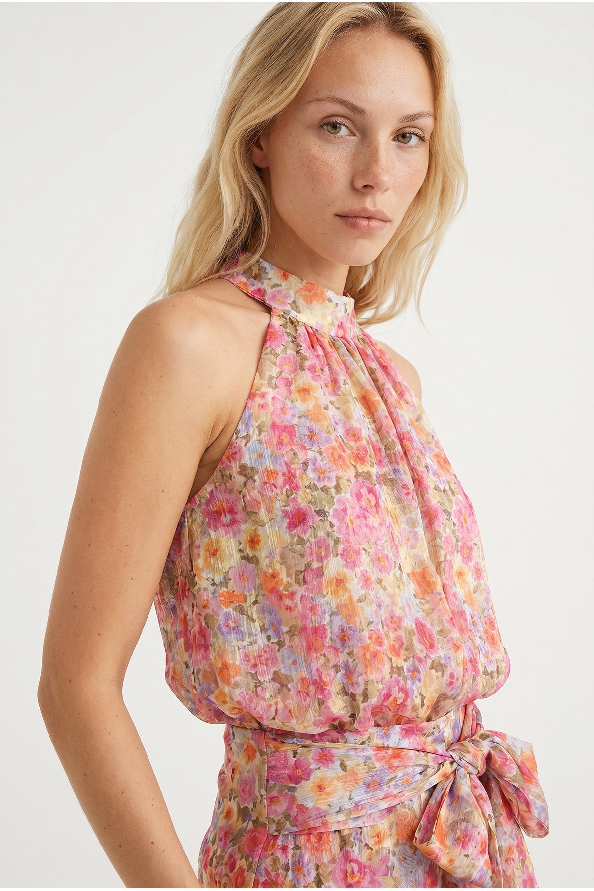 Çiçek Desenli Halter Yaka Crop Bluz Pembe