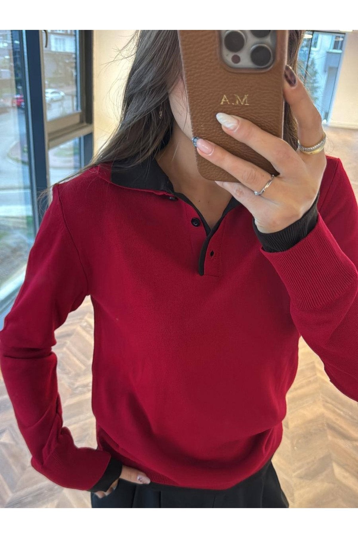 Kırmızı Polo Yaka Acı Kahve Manşet Detaylı Kadın Triko Kazak | Şık ve Rahat Triko