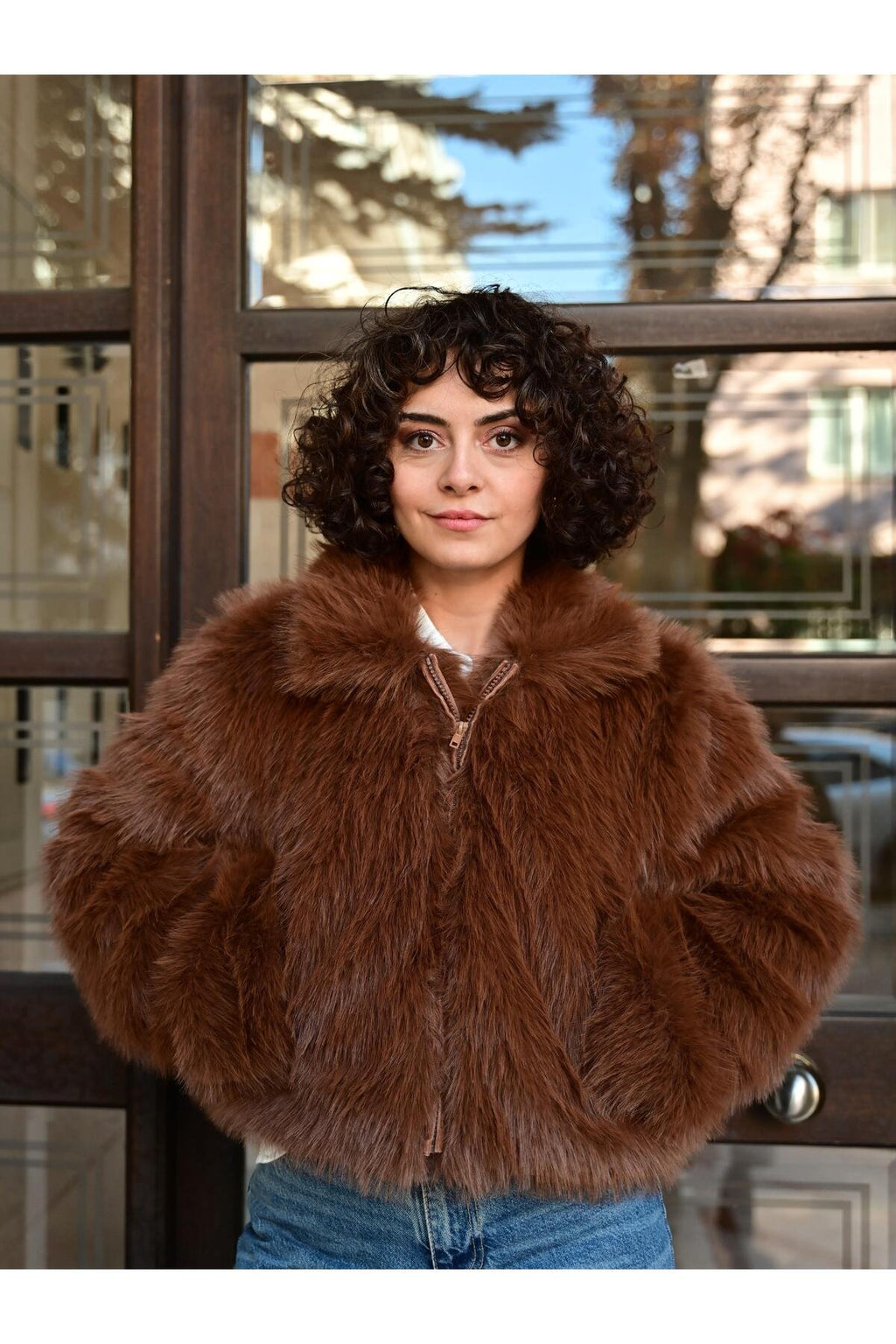 Önü Fermuarlı Kürk -Kahverengi
