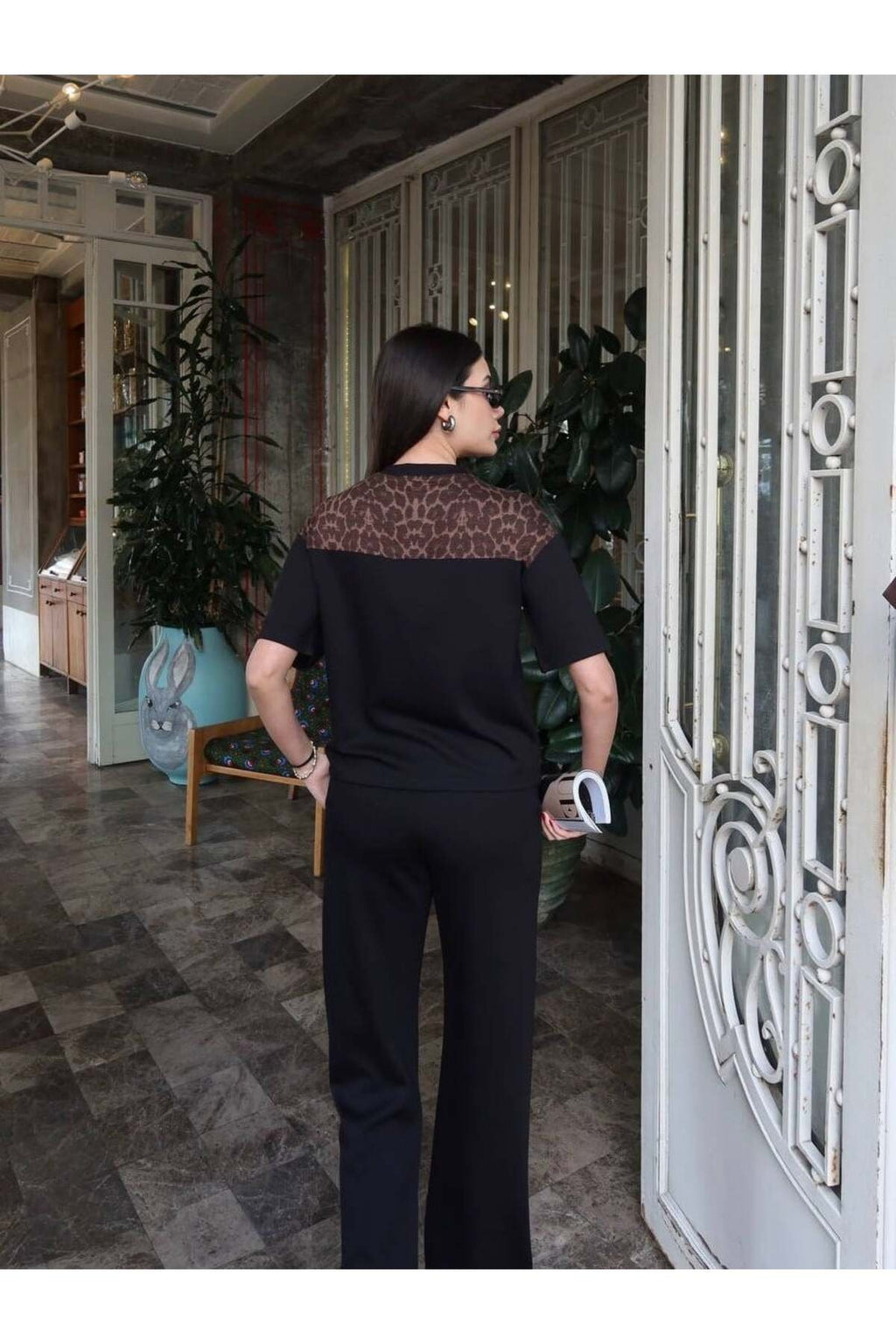 Siyah Leopar Desenli Şal Detaylı Kadın Takım