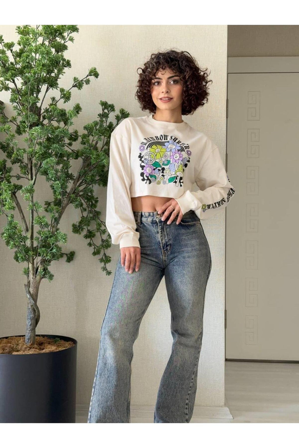 Baskı Detay Crop Sweatshirt -Bej
