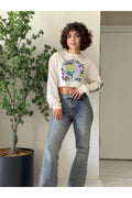 Baskı Detay Crop Sweatshirt -Bej