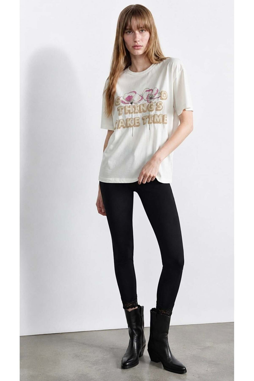 Baskı Nakış Detaylı T-shirt Ekru