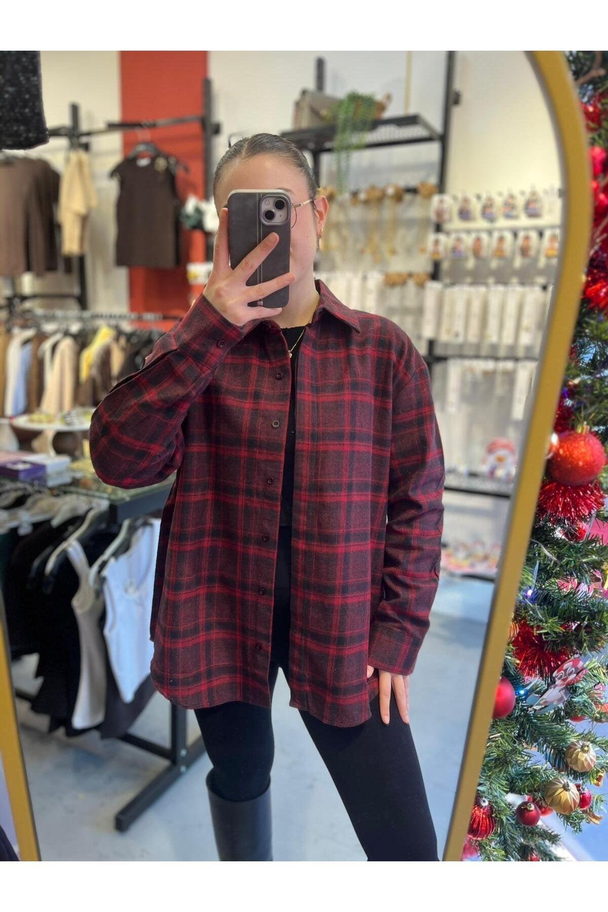 Ekoseli Oversize Gömlek -Kırmızı