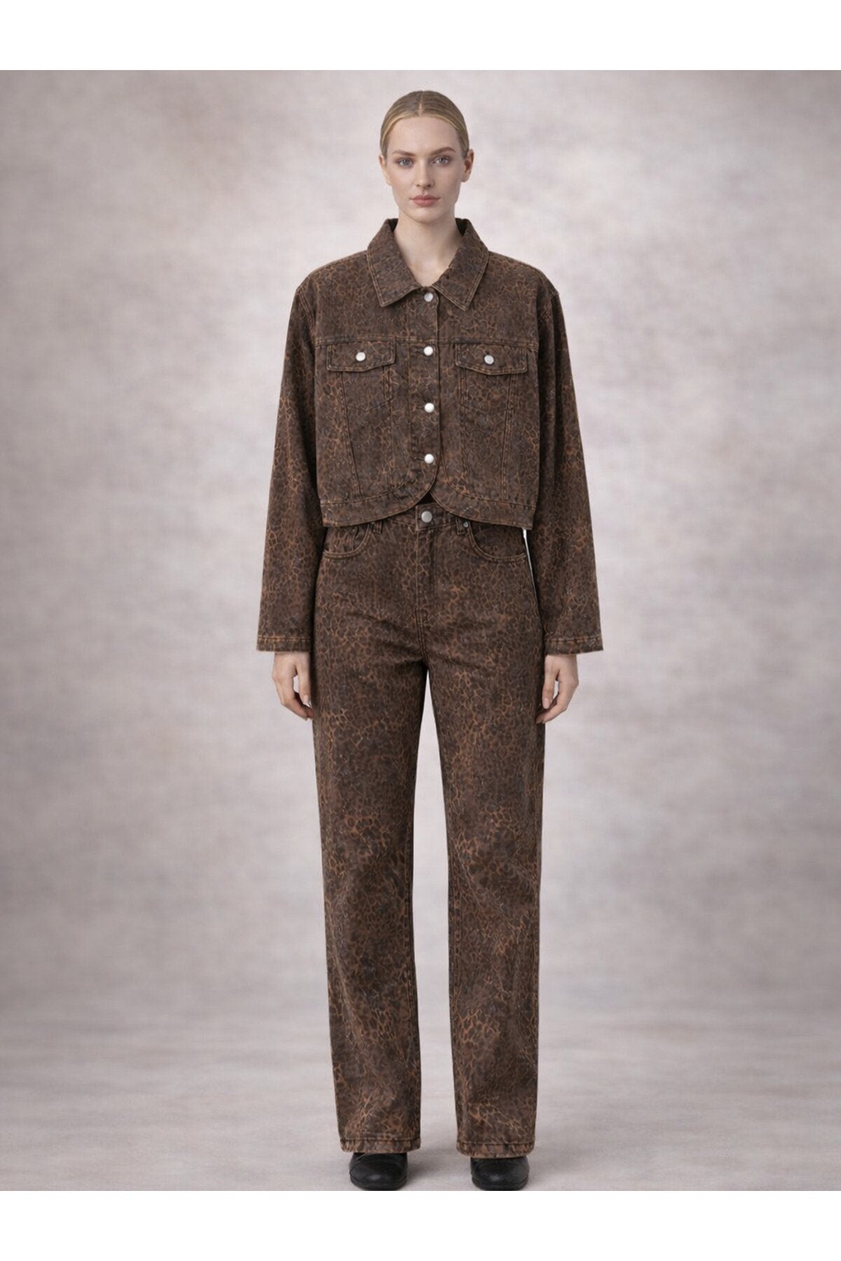 Leopar Desen Oval Kesim Denim Ceket -Kahve