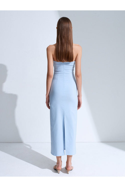 91368 Straplez Midi Elbise-Açık Mavi