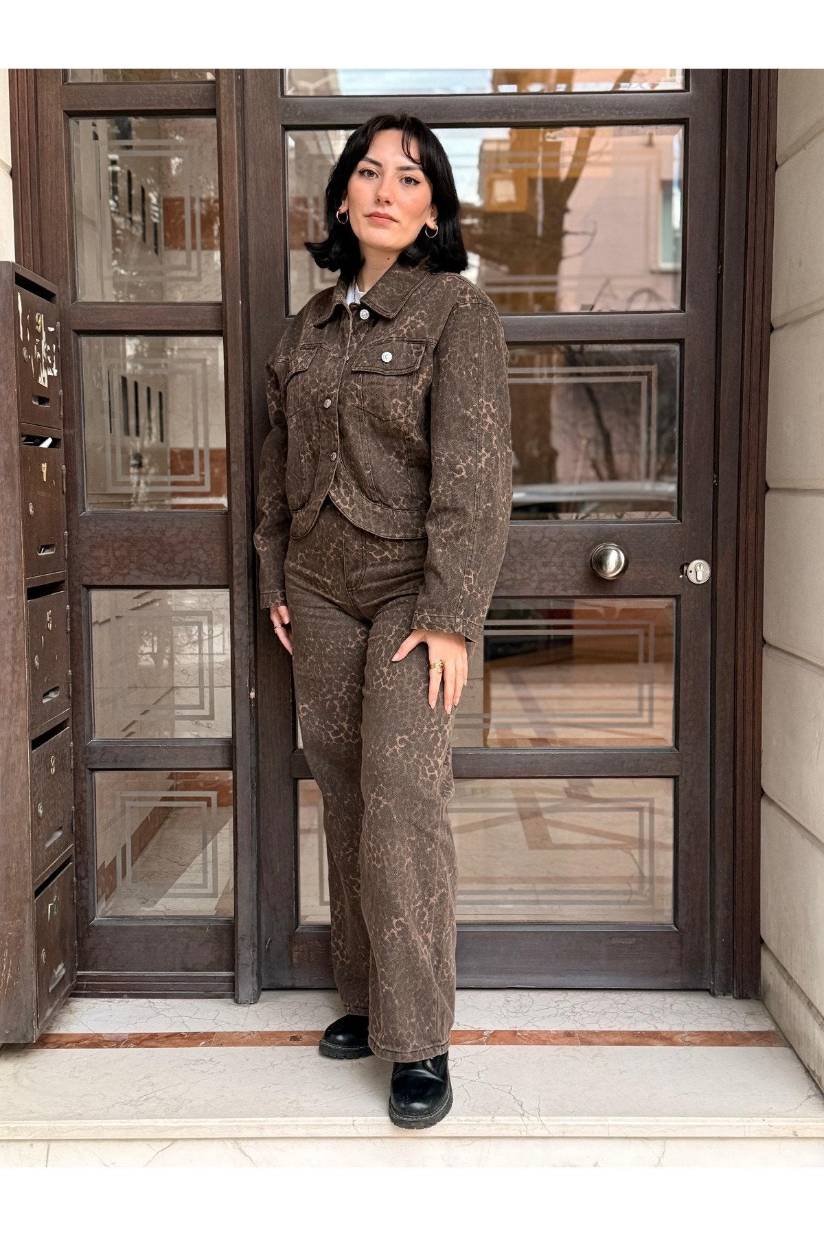 Leopar Desen Denim Pantolon -Kahve