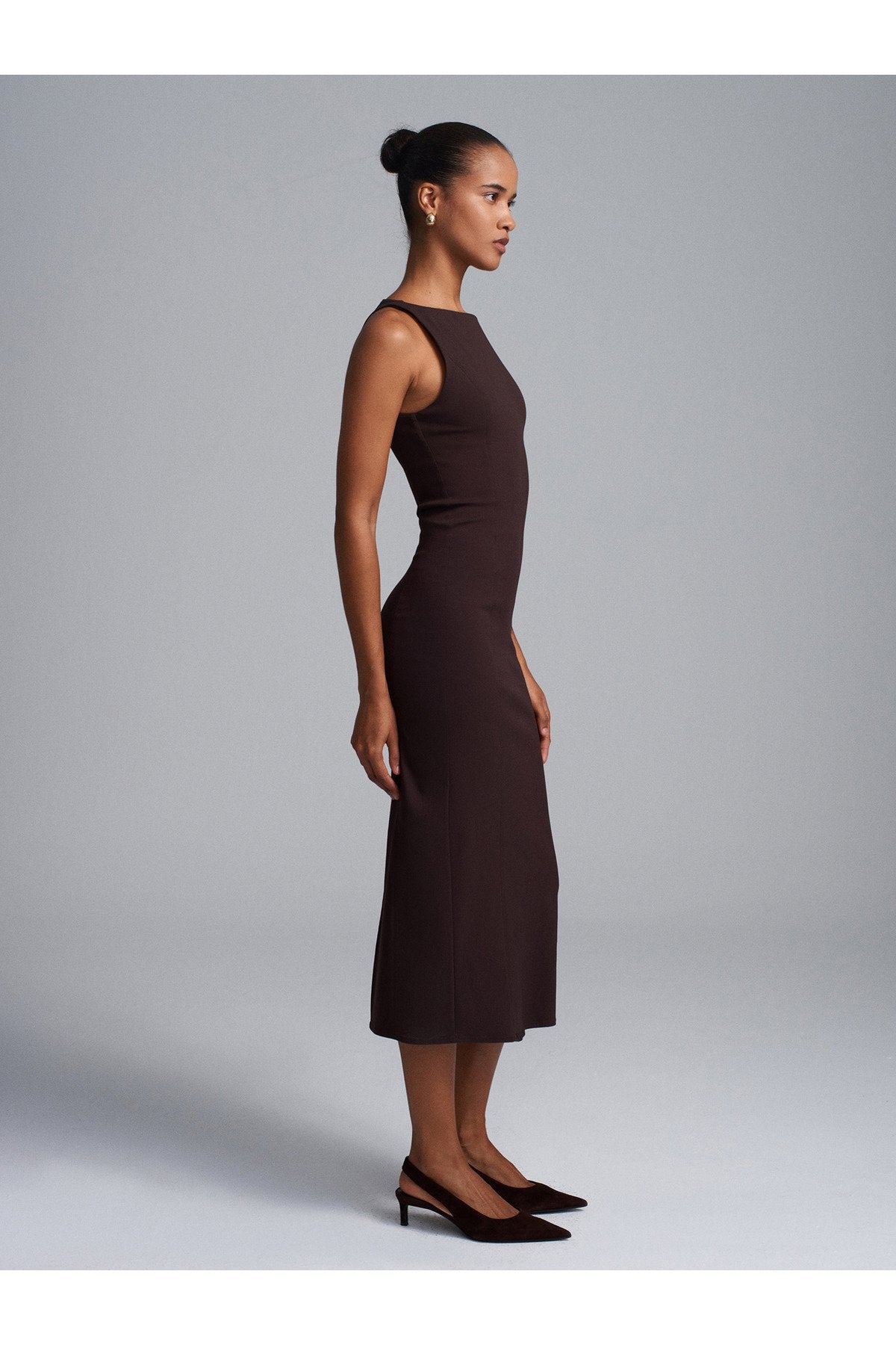 91099 Extra Slim Fit Midi Elbise-Koyu Kahve