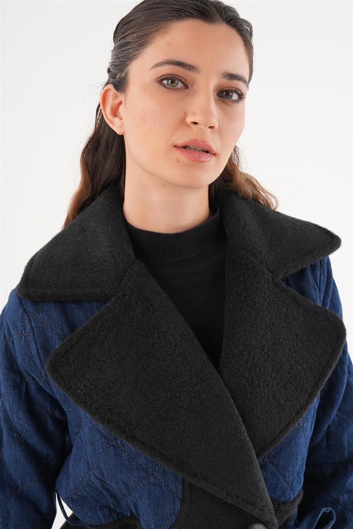 Kapitone Denim Detaylı Siyah Trençkot
