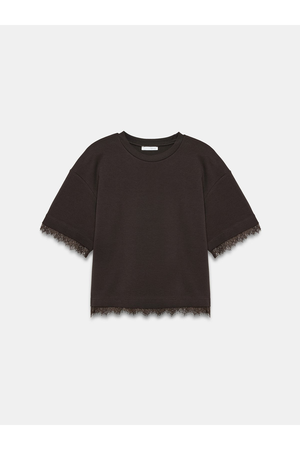 32826 Dantel Detaylı Kısa Kollu T-shirt-Koyu Kahve