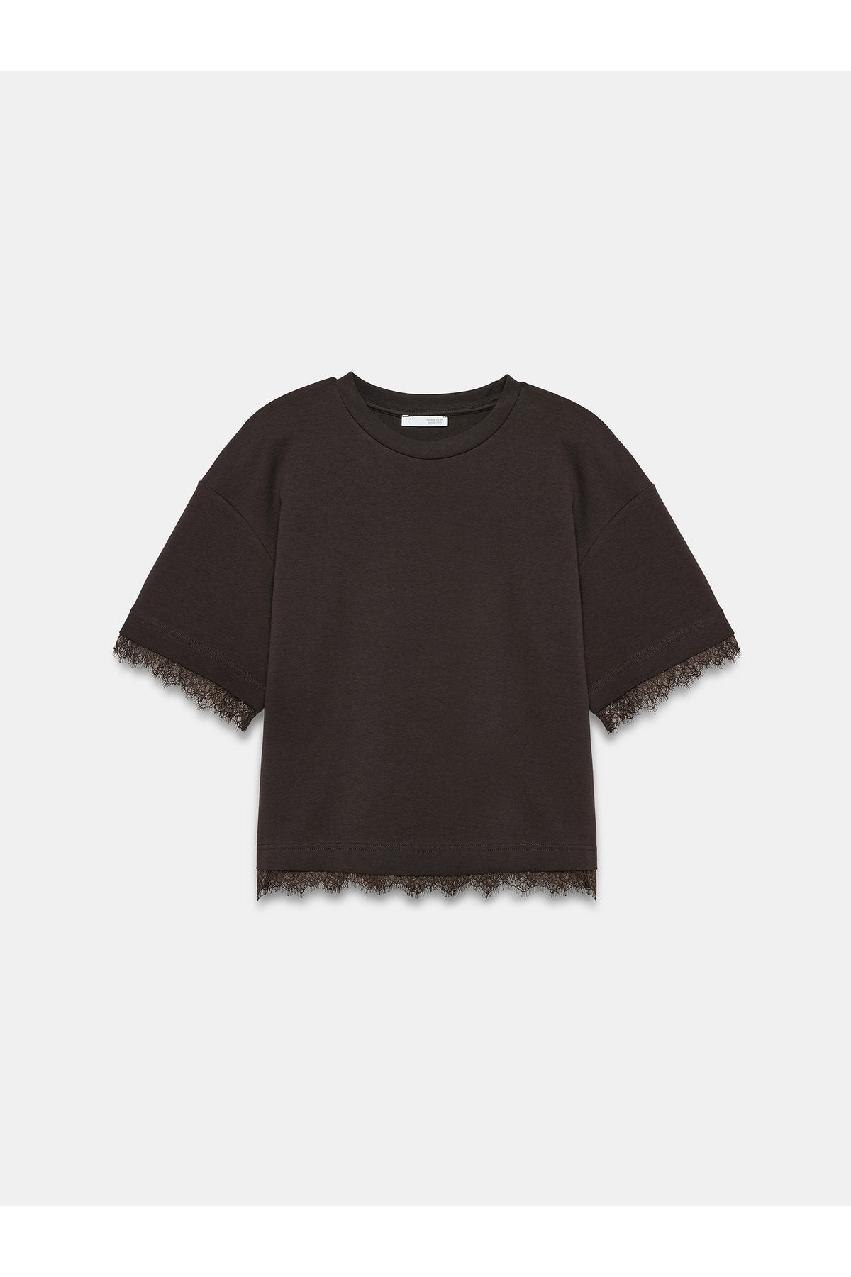 32826 Dantel Detaylı Kısa Kollu T-shirt-Koyu Kahve