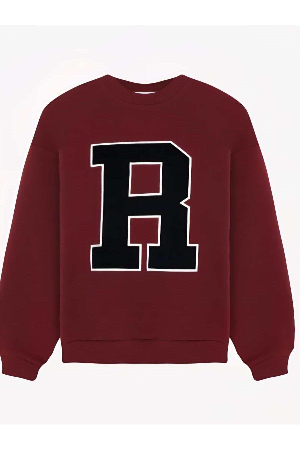 R Nakışlı Oversize Sweatshirt Bordo