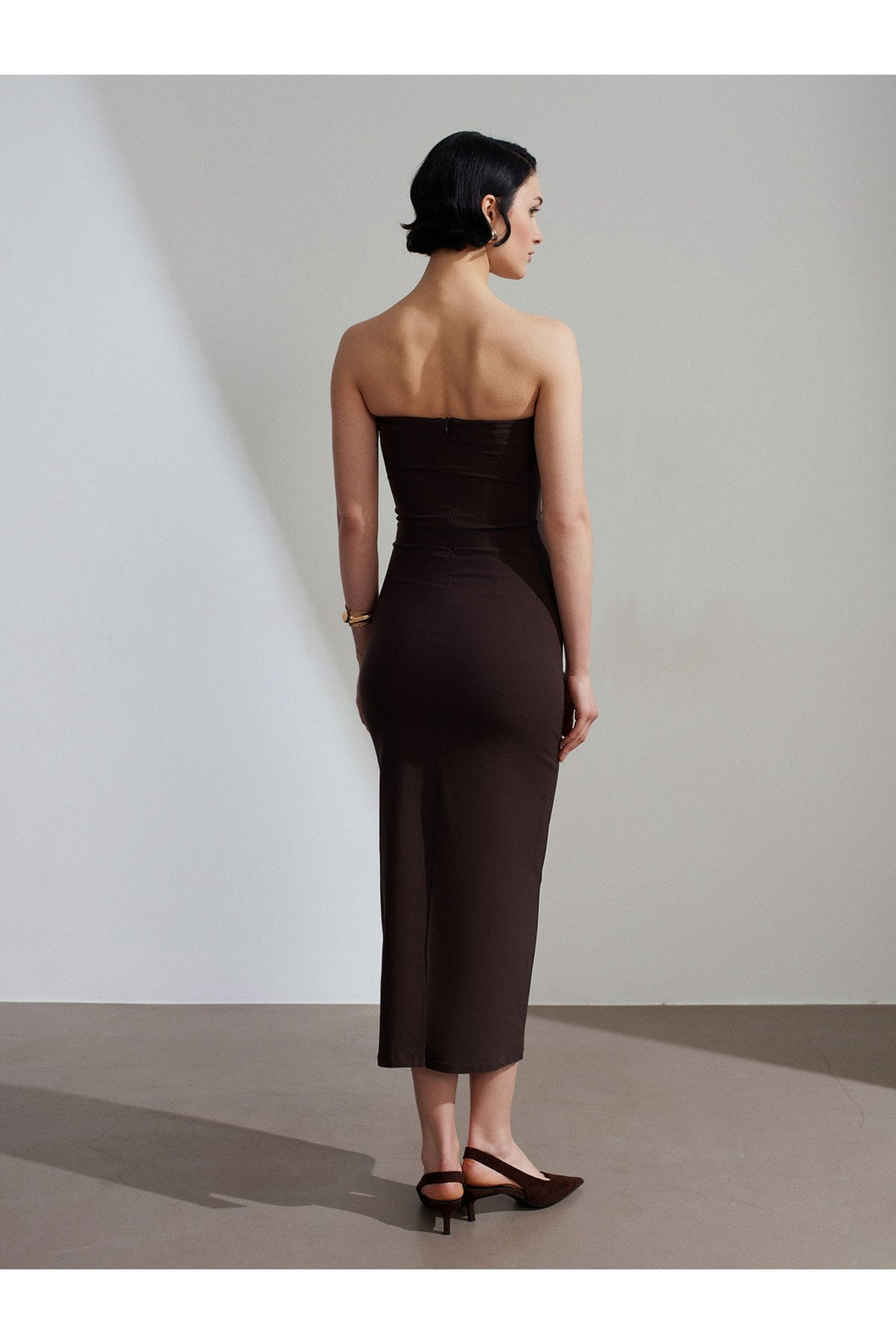 91368 Straplez Midi Elbise-Koyu Kahve