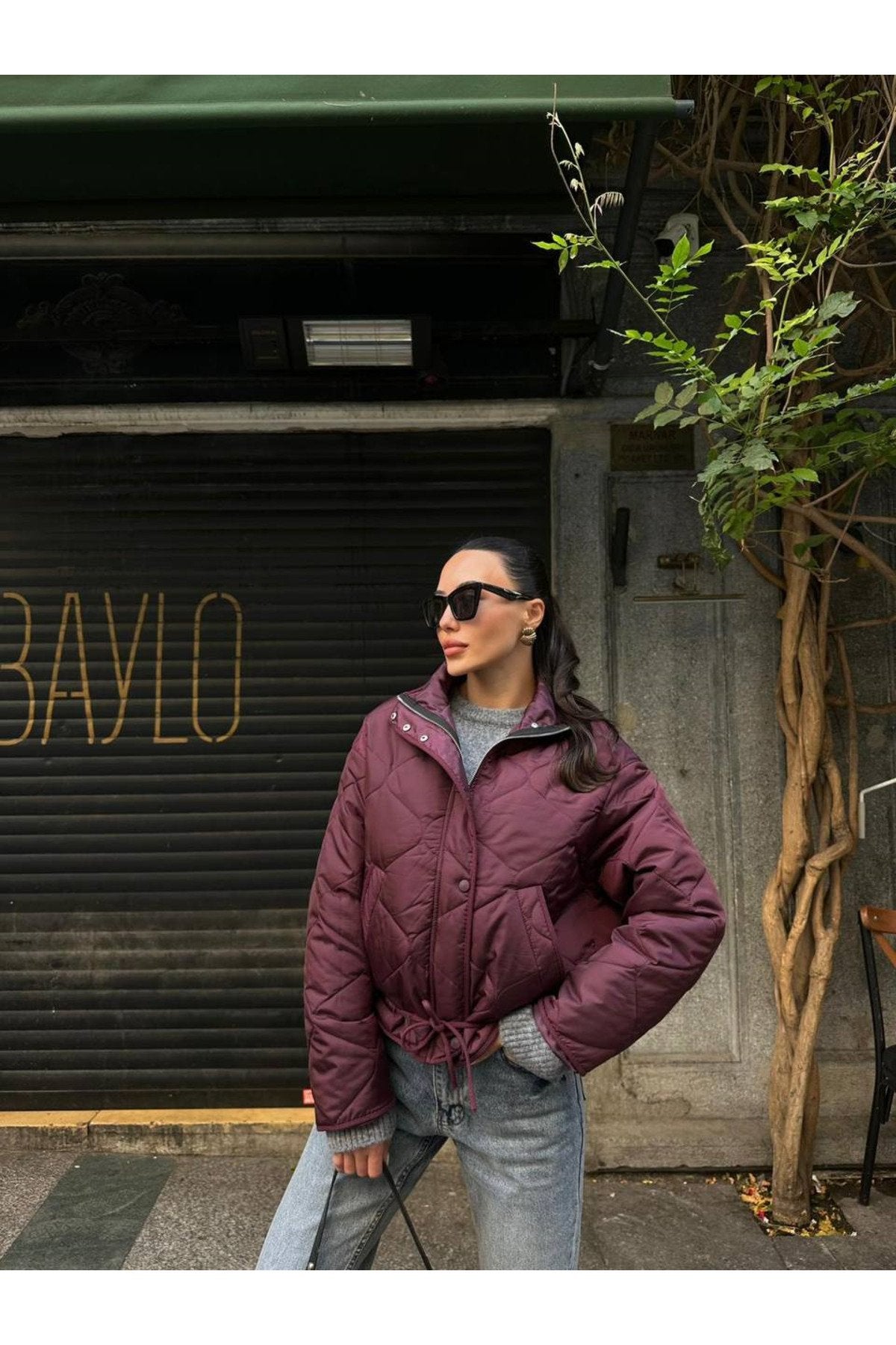 Bordo Fermuarlı Beli Bağcıklı Kapitone Kadın Ceket