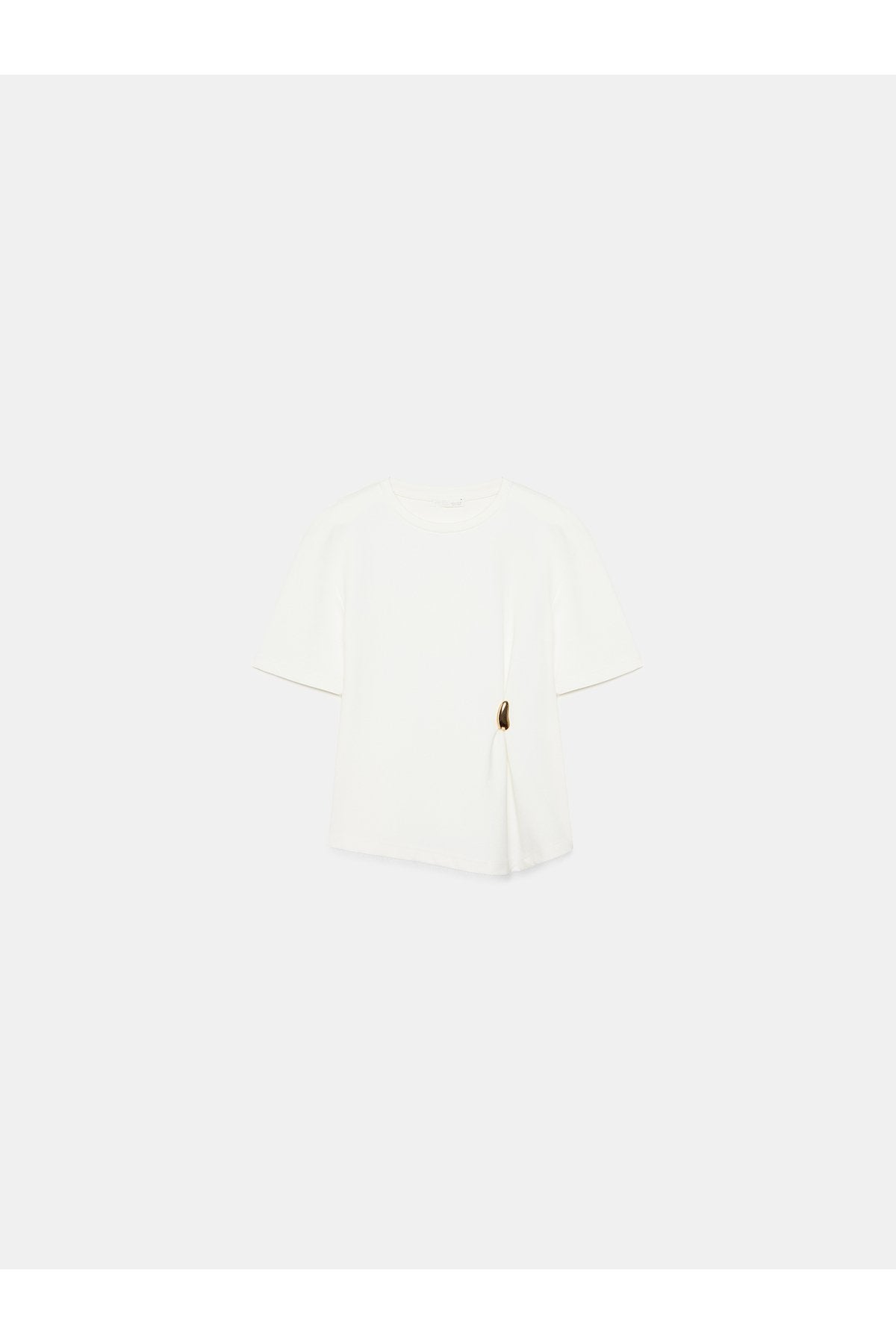 32445 Aksesuar Detaylı Basic T-Shirt-Ekru