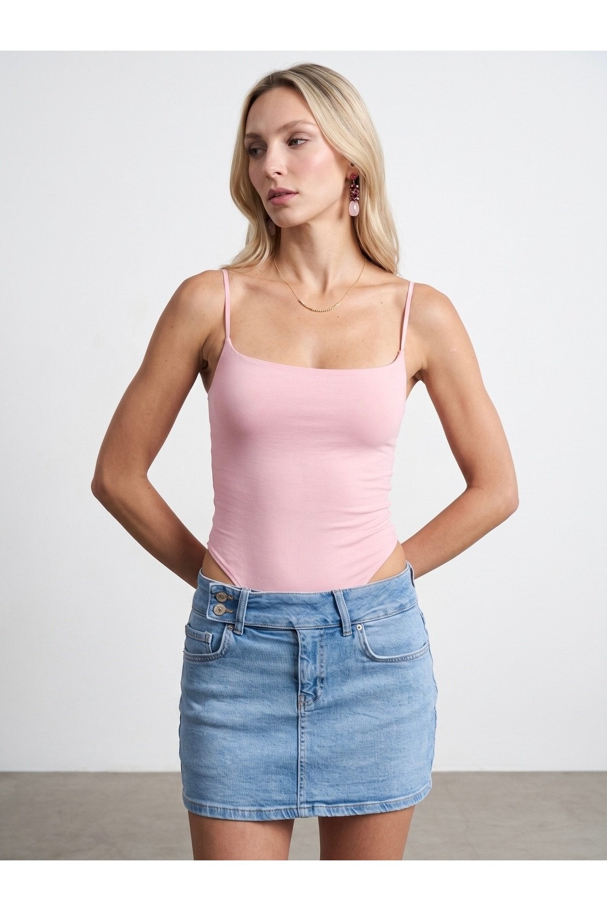 21216 Askılı Bodysuit-Toz Pembe