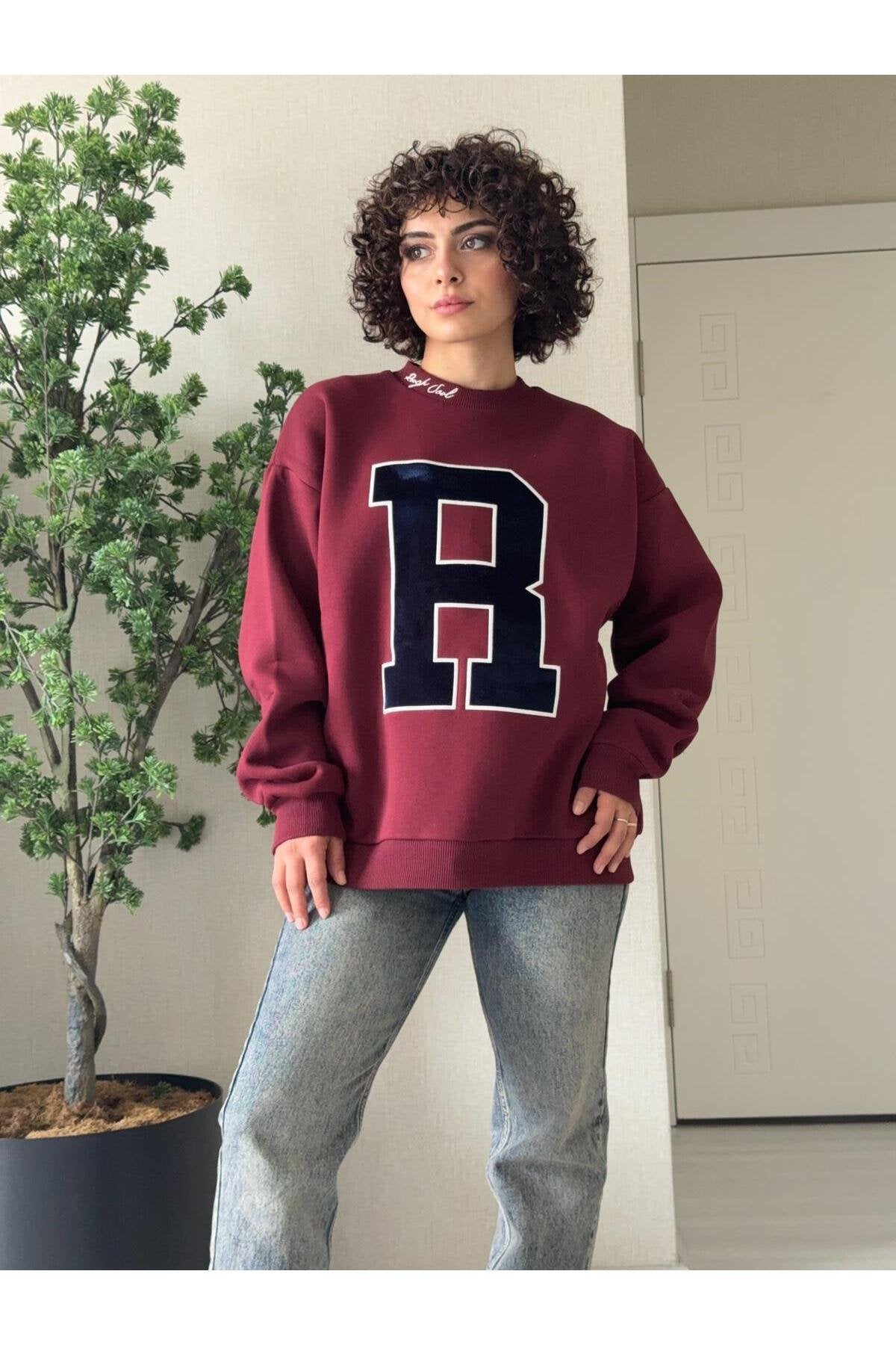R Nakışlı Oversize Sweatshirt Bordo