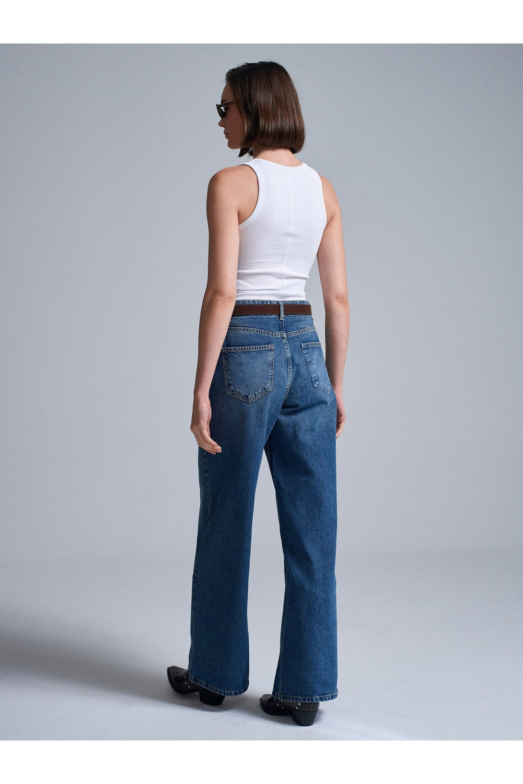 72072 %100 Pamuk Kemerli Wide Leg Jean-Mavi