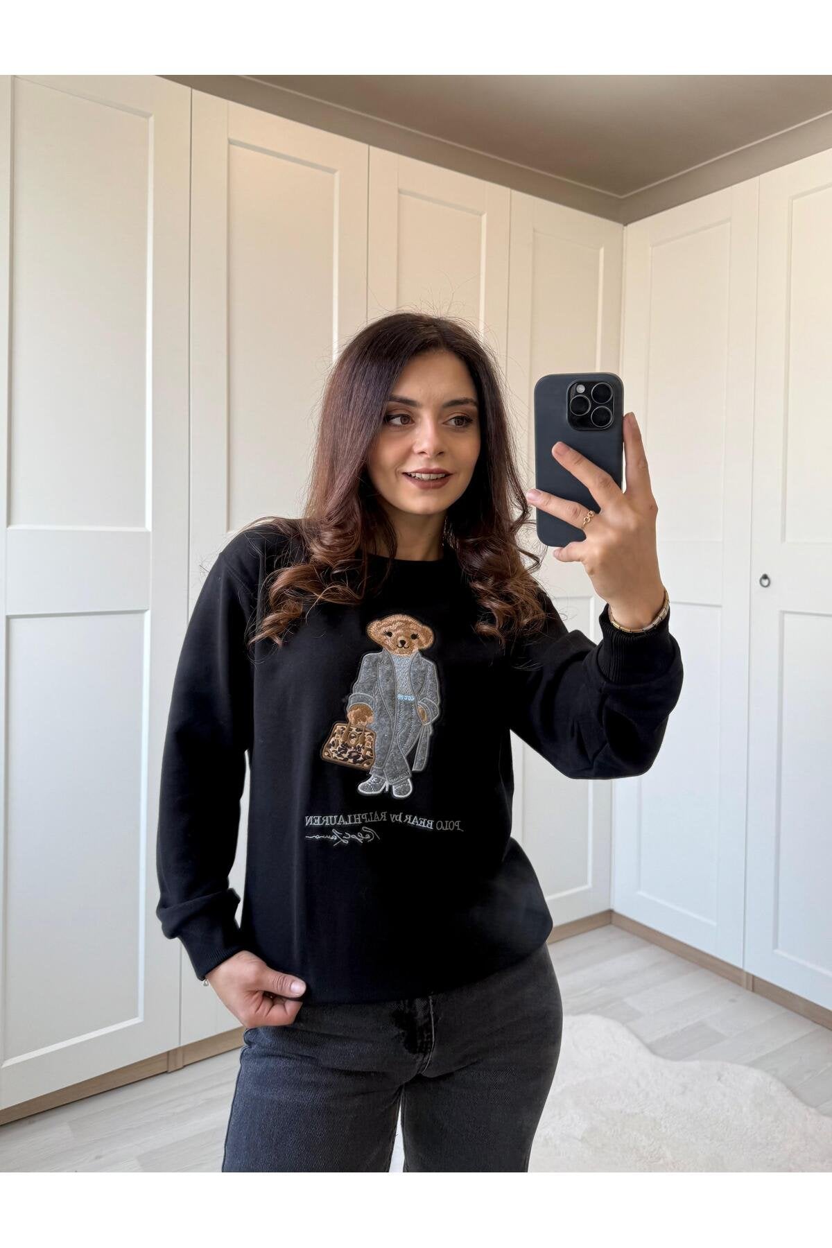 Baskı Detay Crop Sweatshirt -Bej