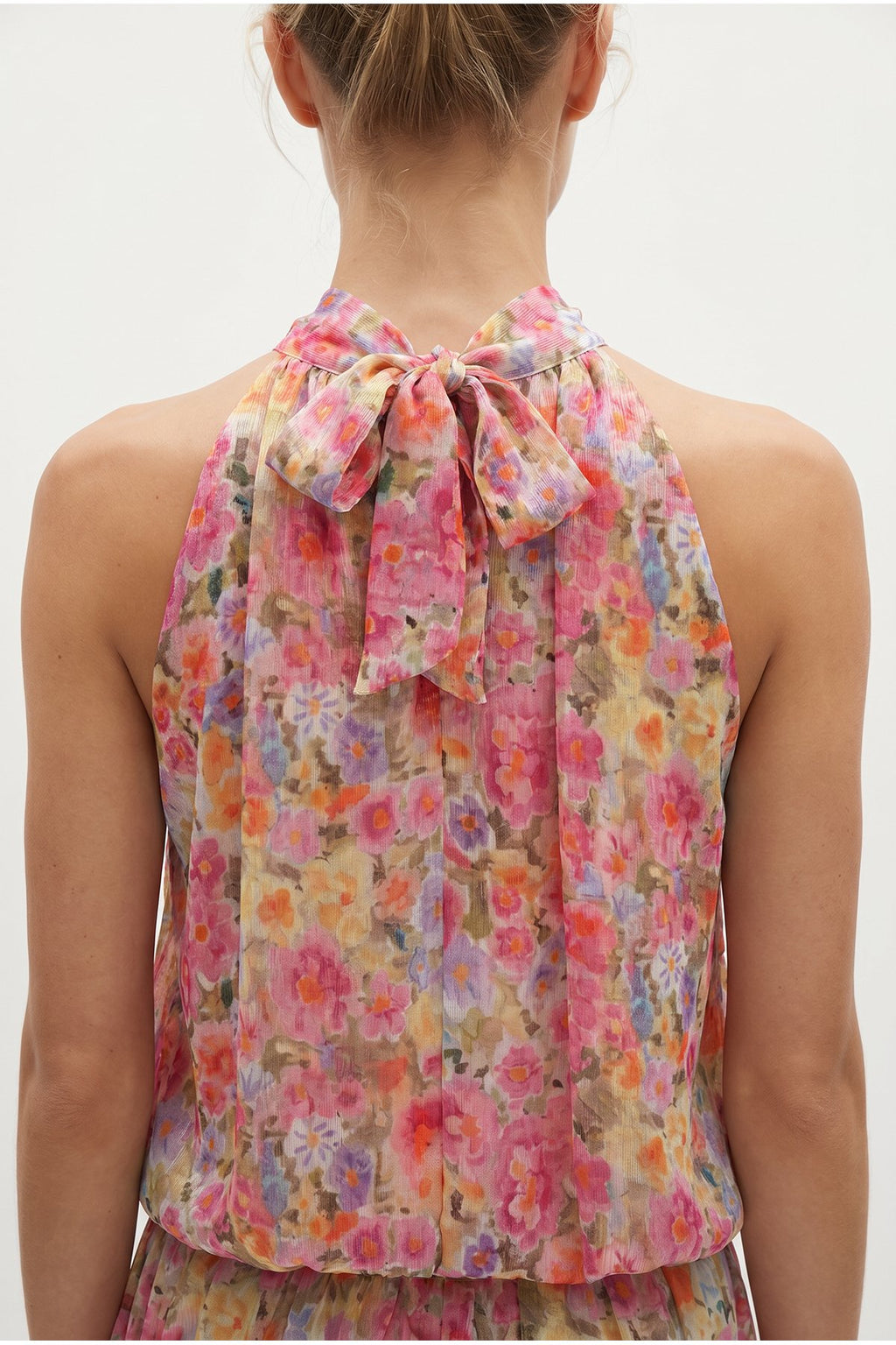Çiçek Desenli Halter Yaka Crop Bluz Pembe