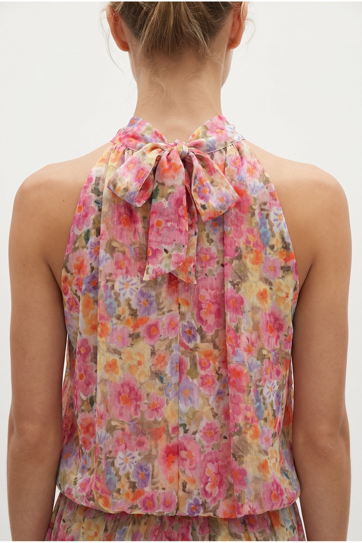 Çiçek Desenli Halter Yaka Crop Bluz Pembe