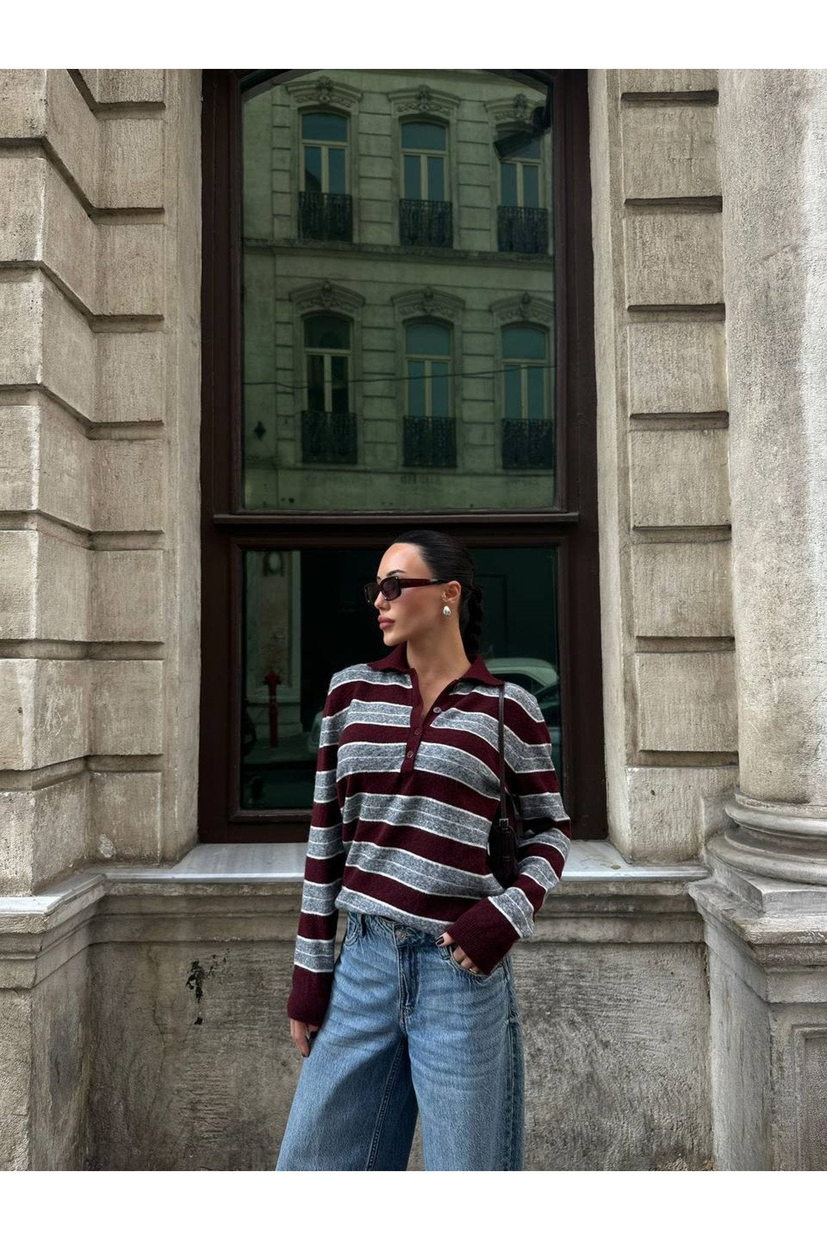 Bordo-Gri Çizgili Polo Yaka Triko Kazak