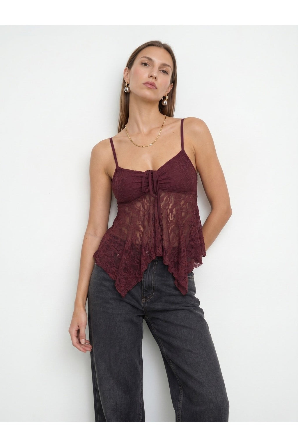 32768 Askılı Dantel Top-Bordo