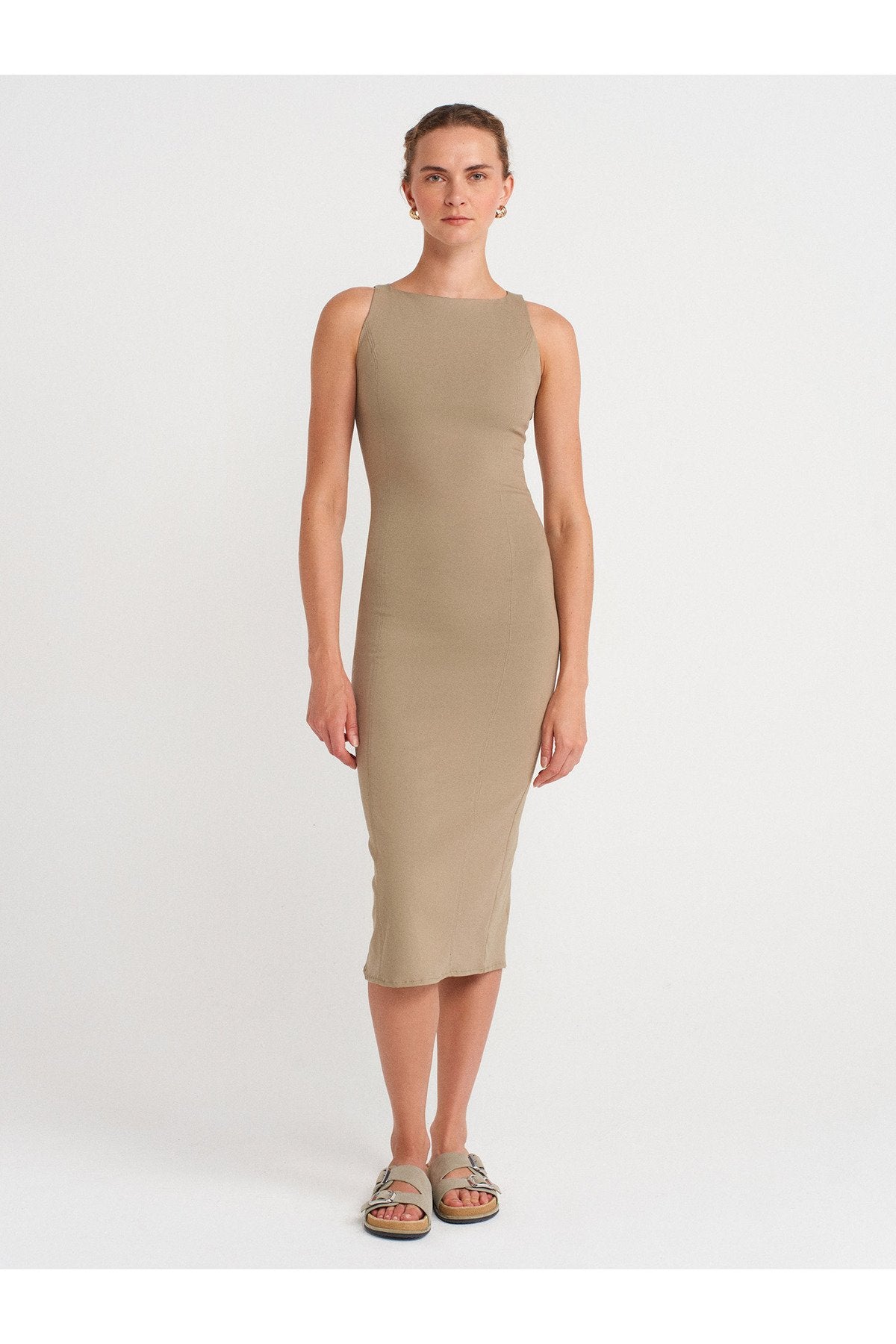 91099 Vücuda Oturan Midi Elbise-Çağla