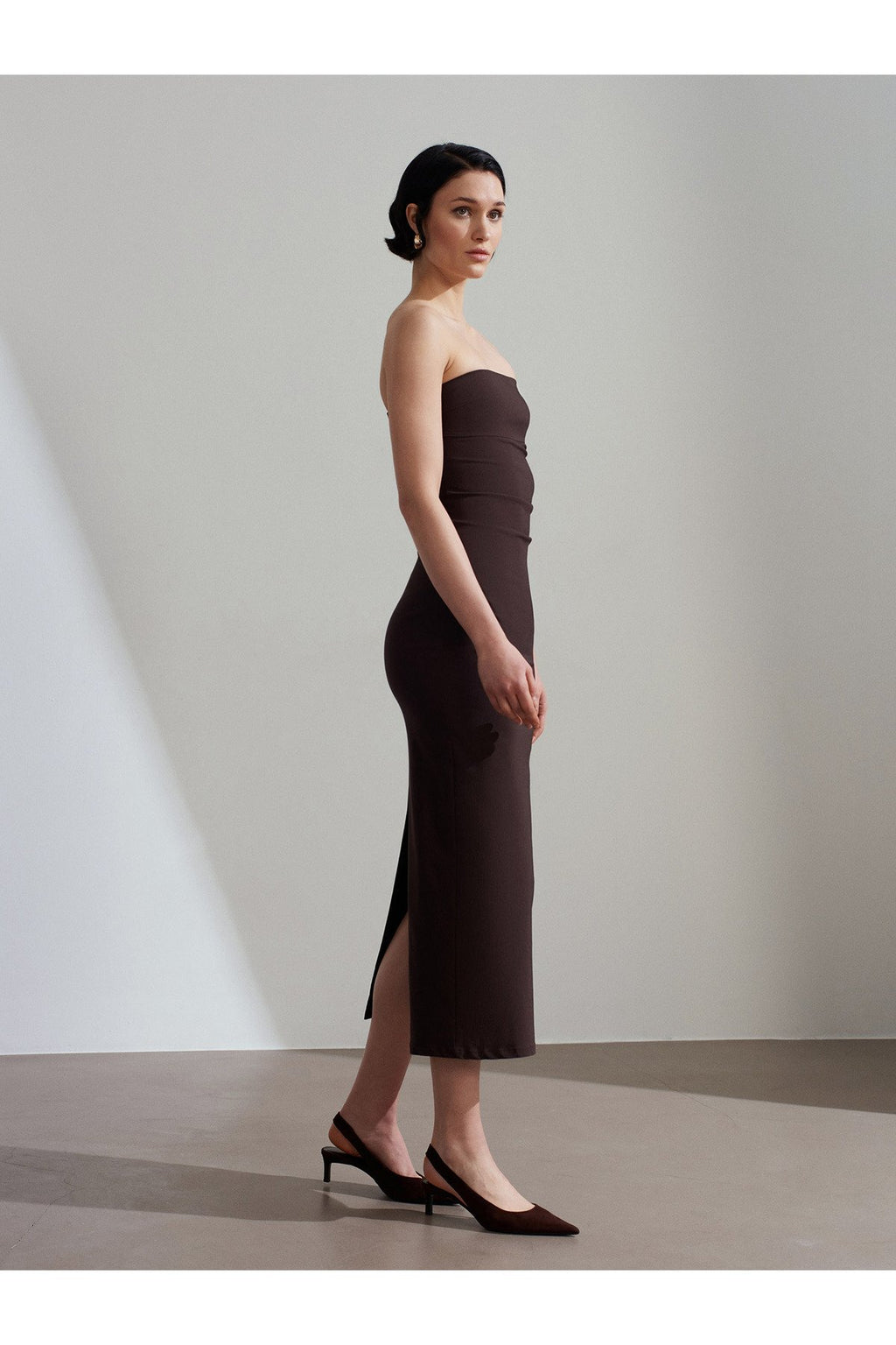 91368 Straplez Midi Elbise-Koyu Kahve