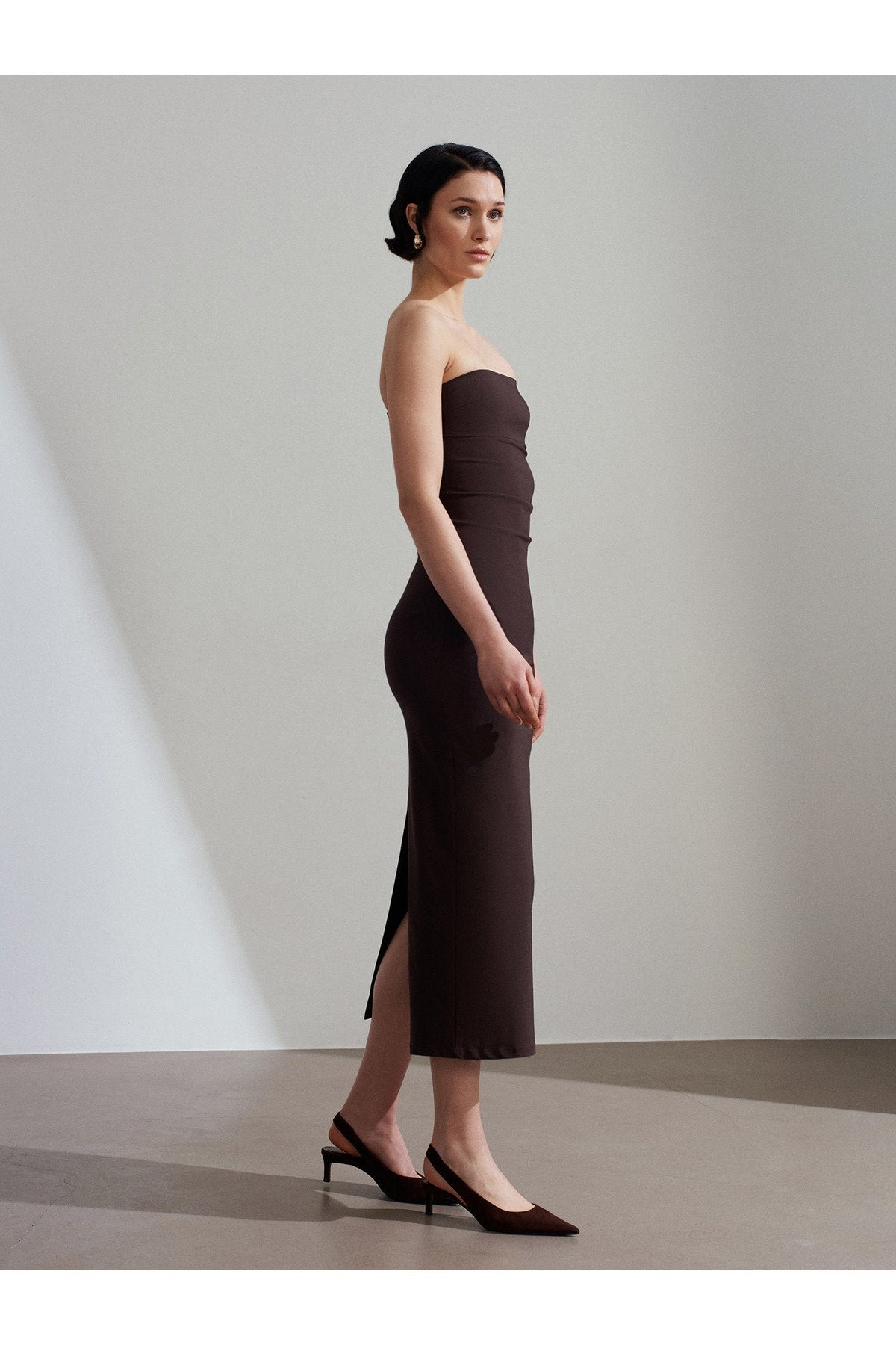 91368 Straplez Midi Elbise-Koyu Kahve