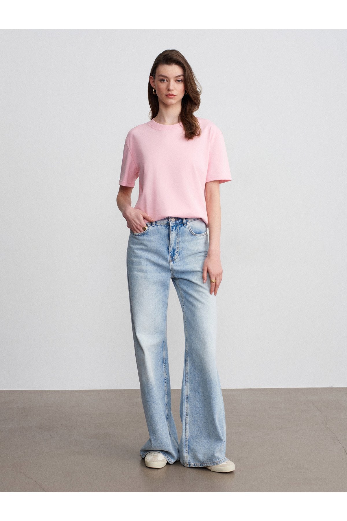30312 %100 Pamuk Bisiklet Yaka T-Shirt-Toz Pembe