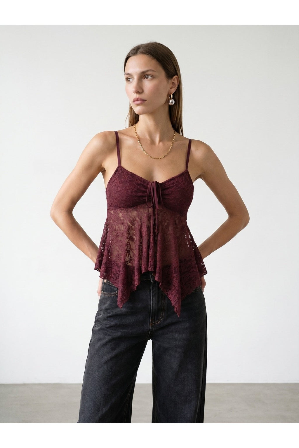 32768 Askılı Dantel Top-Bordo