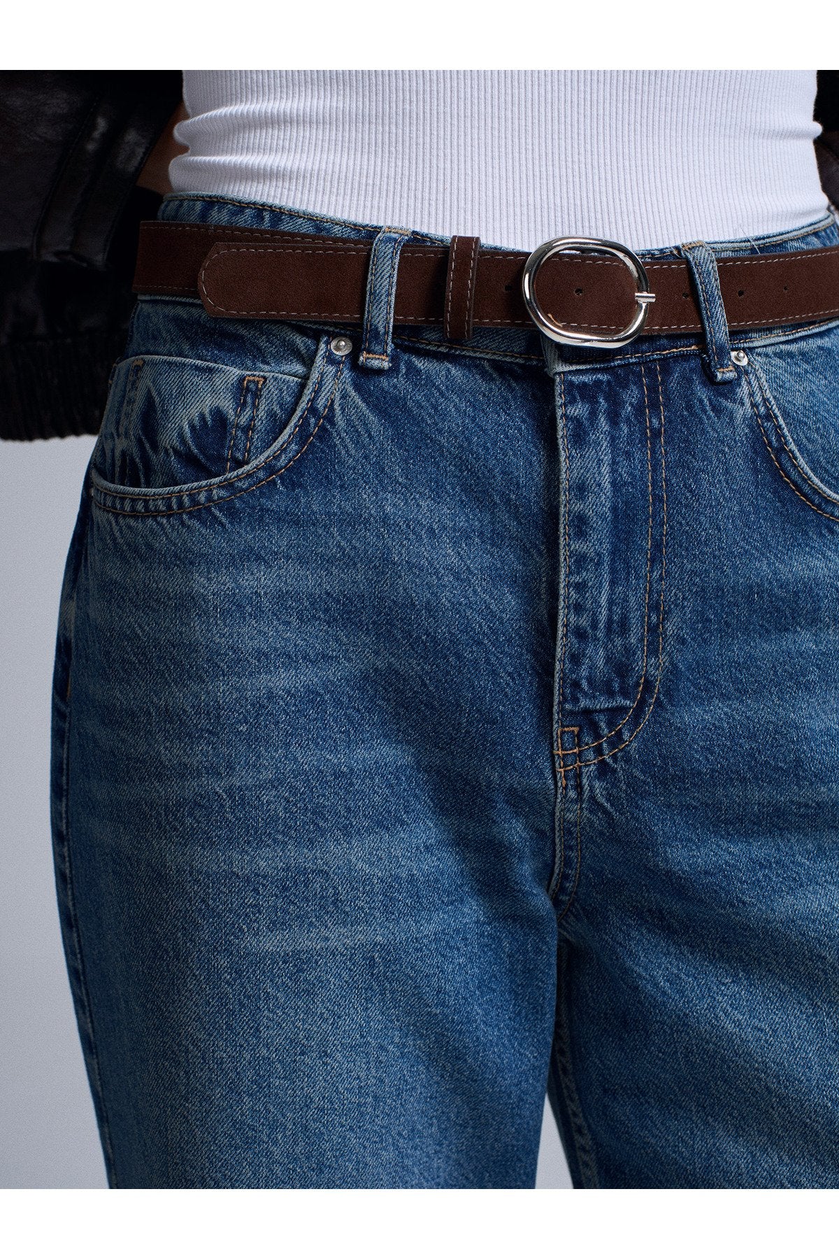 72072 %100 Pamuk Kemerli Wide Leg Jean-Mavi